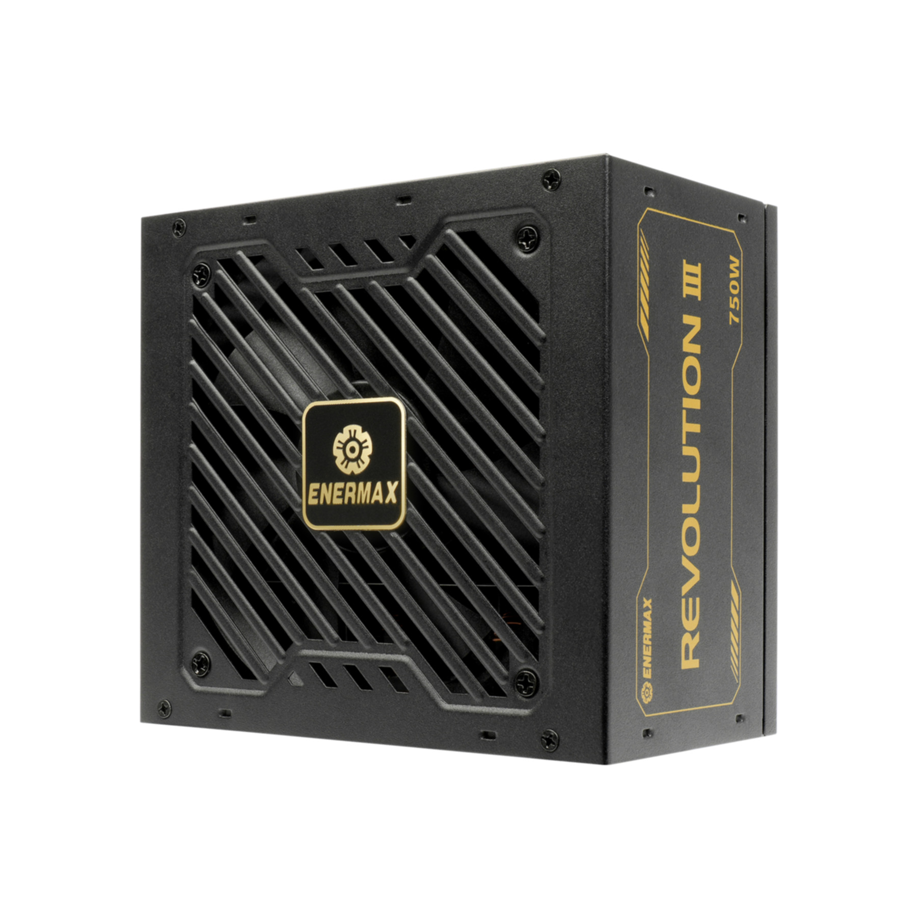 Alimentatore Enermax Revolution III 750W nero. Scritta oro, sfondo nero.