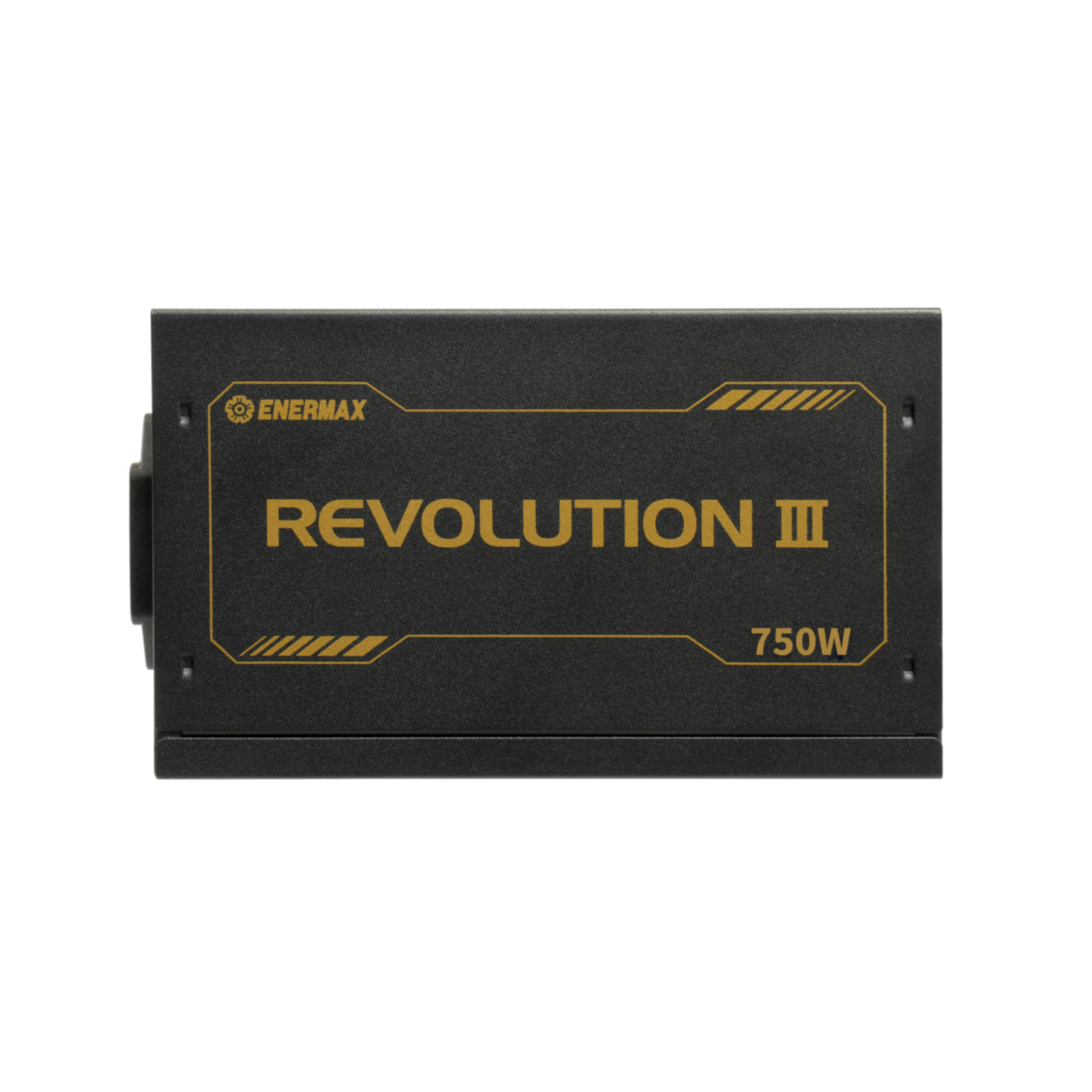 Alimentatore Enermax Revolution III 750W nero. Scritta oro, sfondo nero.