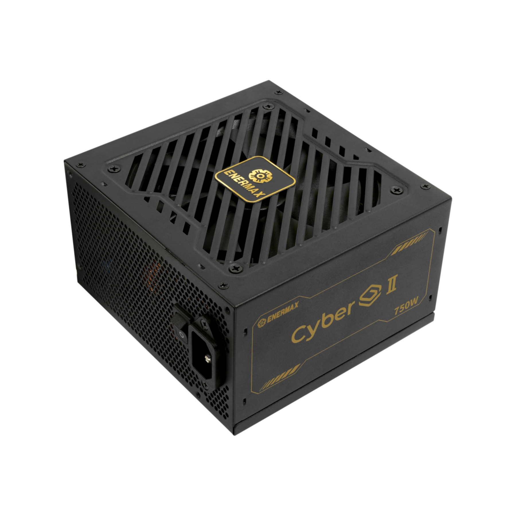 Black Enermax Cyber II 750W power supply. Angled view, white background.