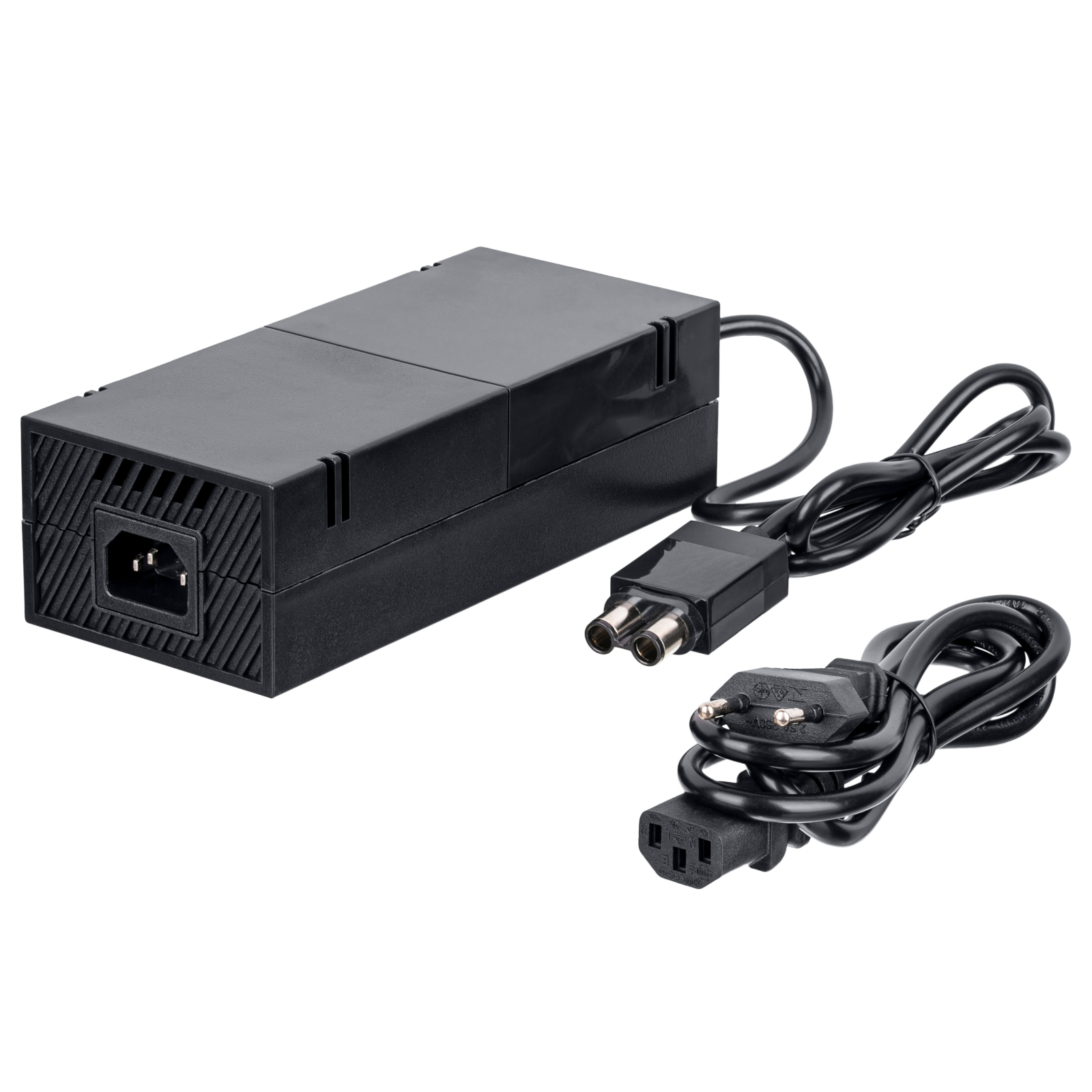 Alimentatore nero per Xbox. Ha una spina a due poli, un alimentatore e un connettore.