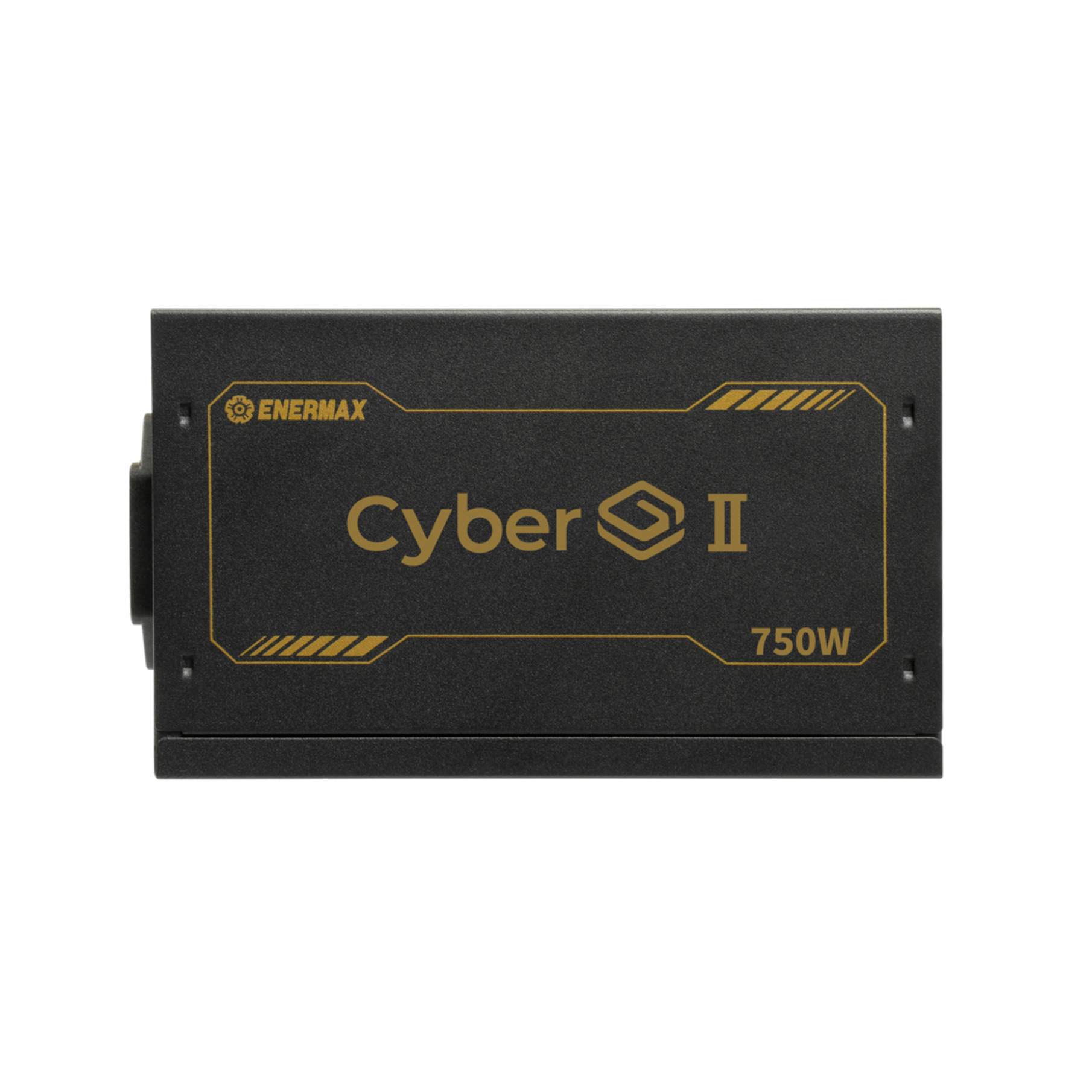 Top view of a black Enermax Cyber II 750W power supply unit with gold details.