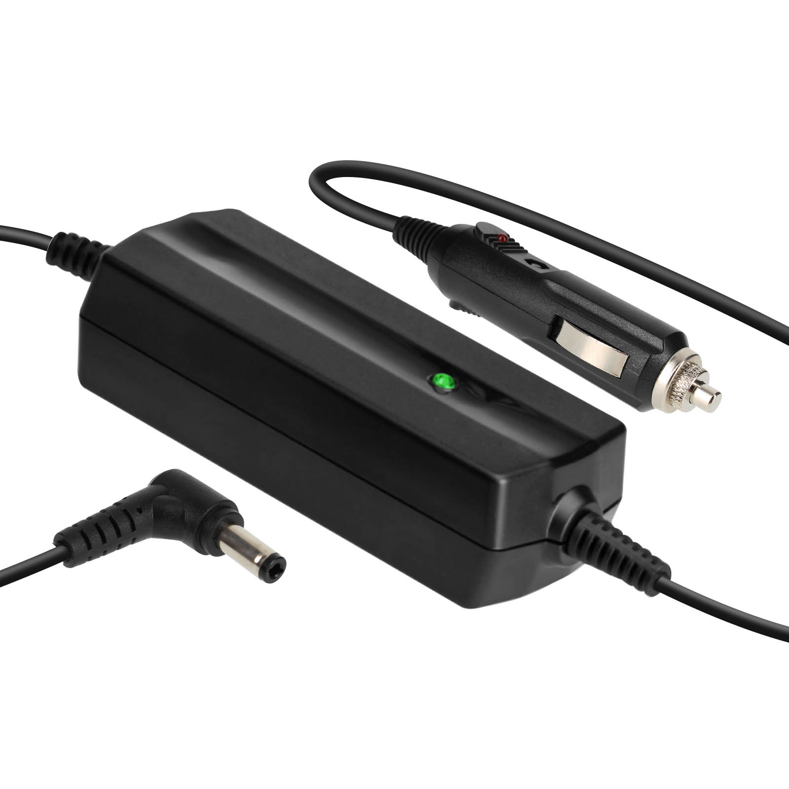 Czarna ładowarka z dwoma złączami i wtyczką samochodową. Ma zielone światło.