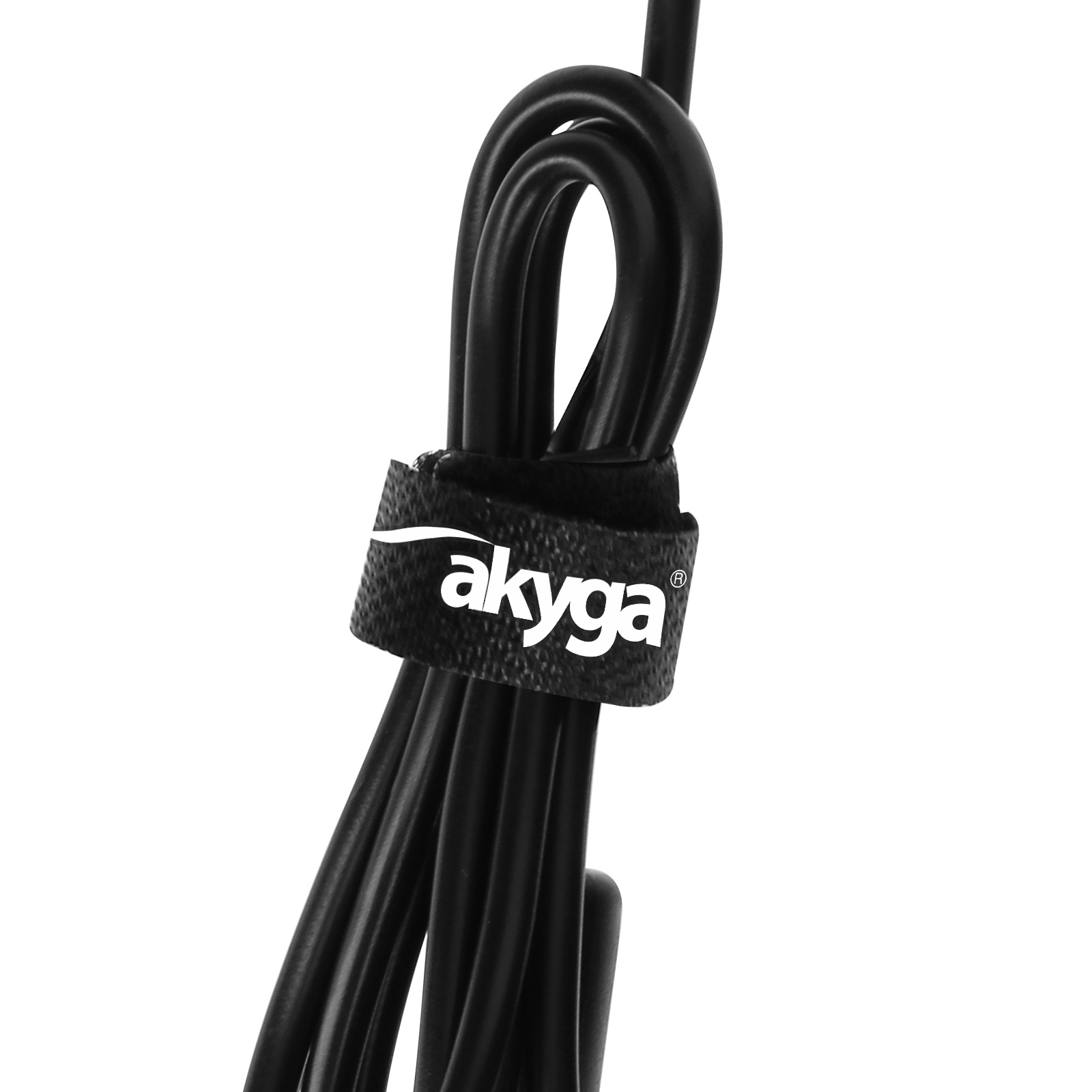 Czarny kabel z paskiem na rzep z białym tekstem 'akyga'. Kabel jest czarny.