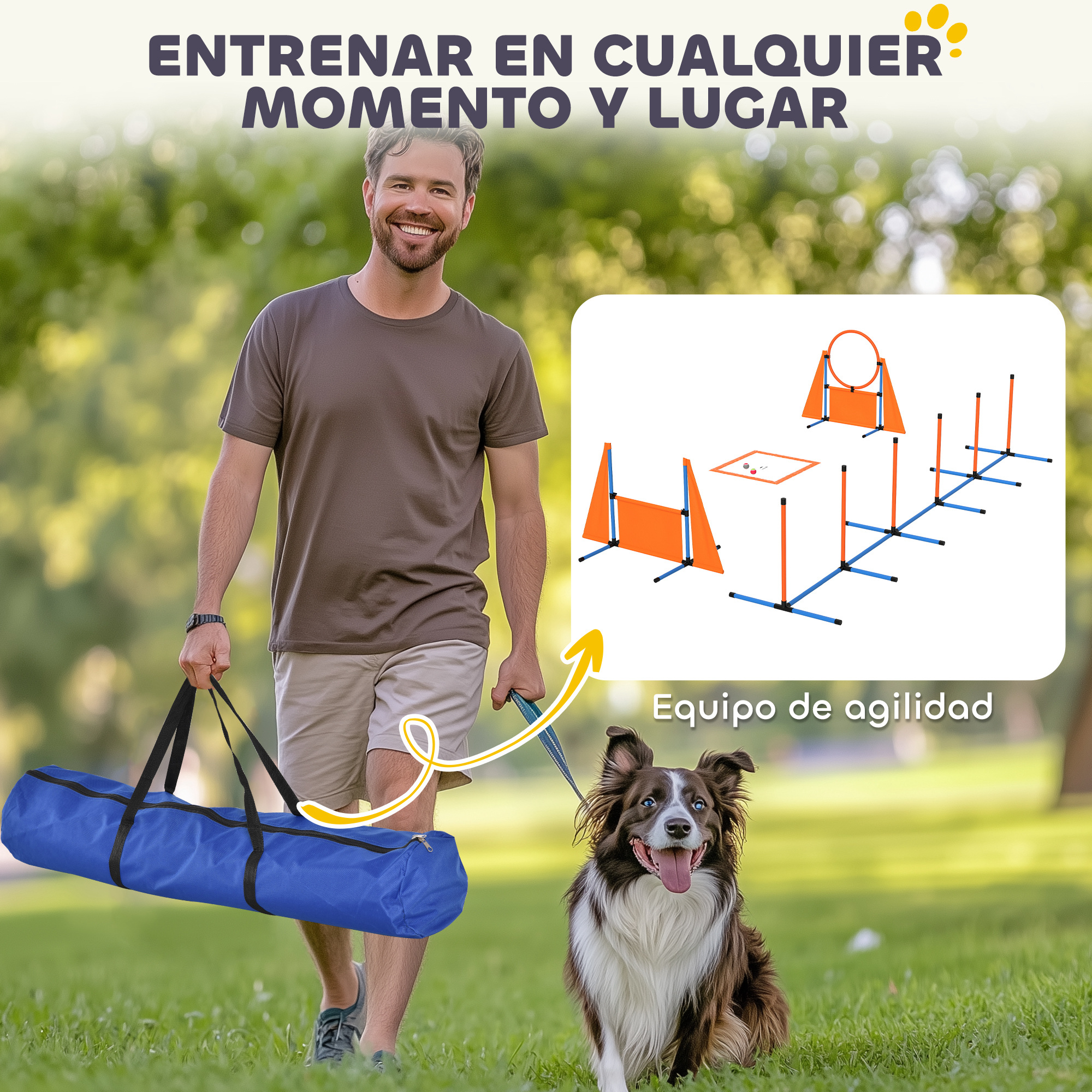 Hombre y perro caminando con equipo de agilidad en un parque. El perro está emocionado.