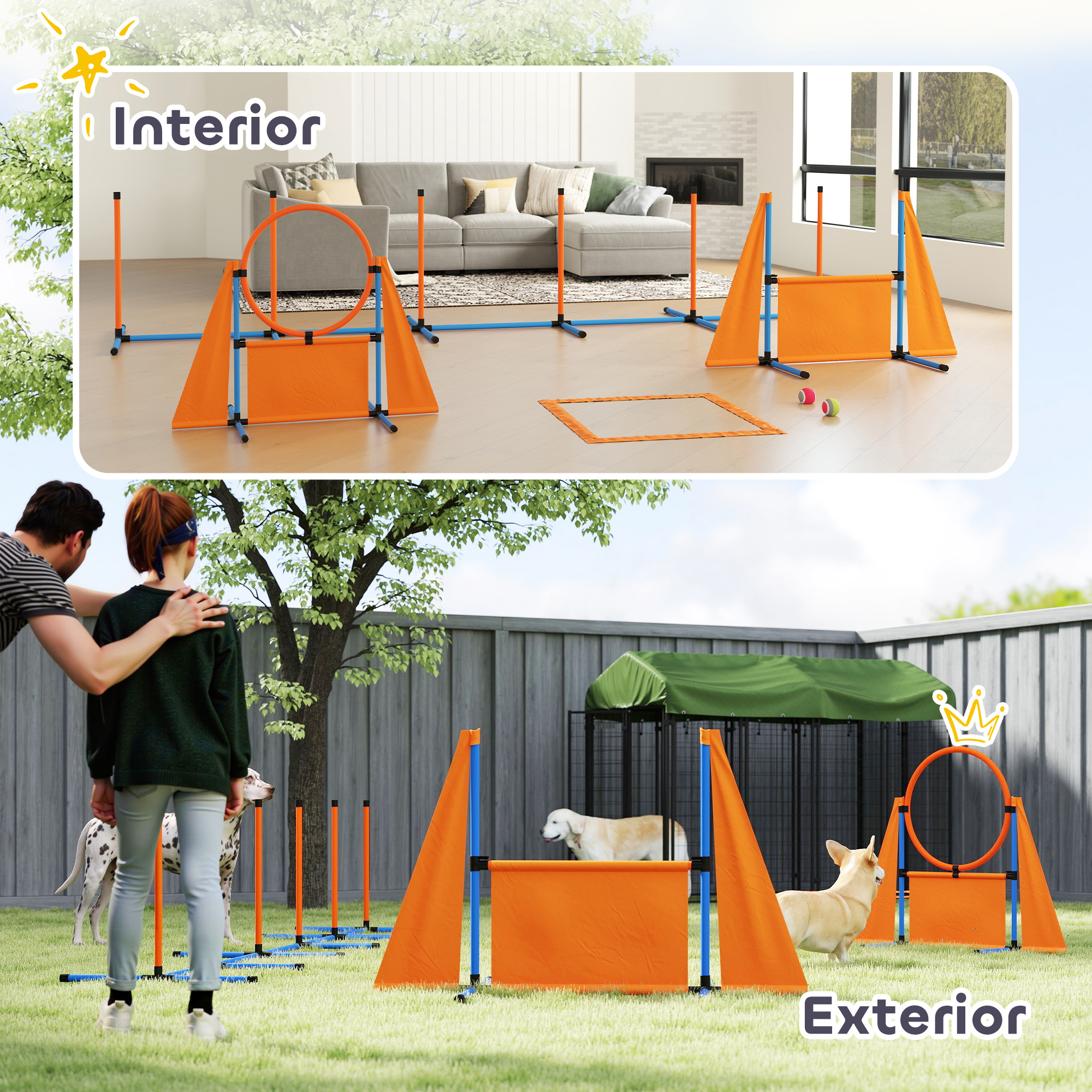 Circuito de agilidad para perros, montado en interiores y exteriores. Naranja, azul y verde. Hay personas y perros.