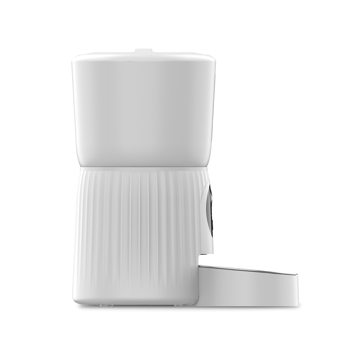 Biały, dwupoziomowy podajnik dla zwierząt z miską, przeznaczony do automatycznego podawania pokarmu.