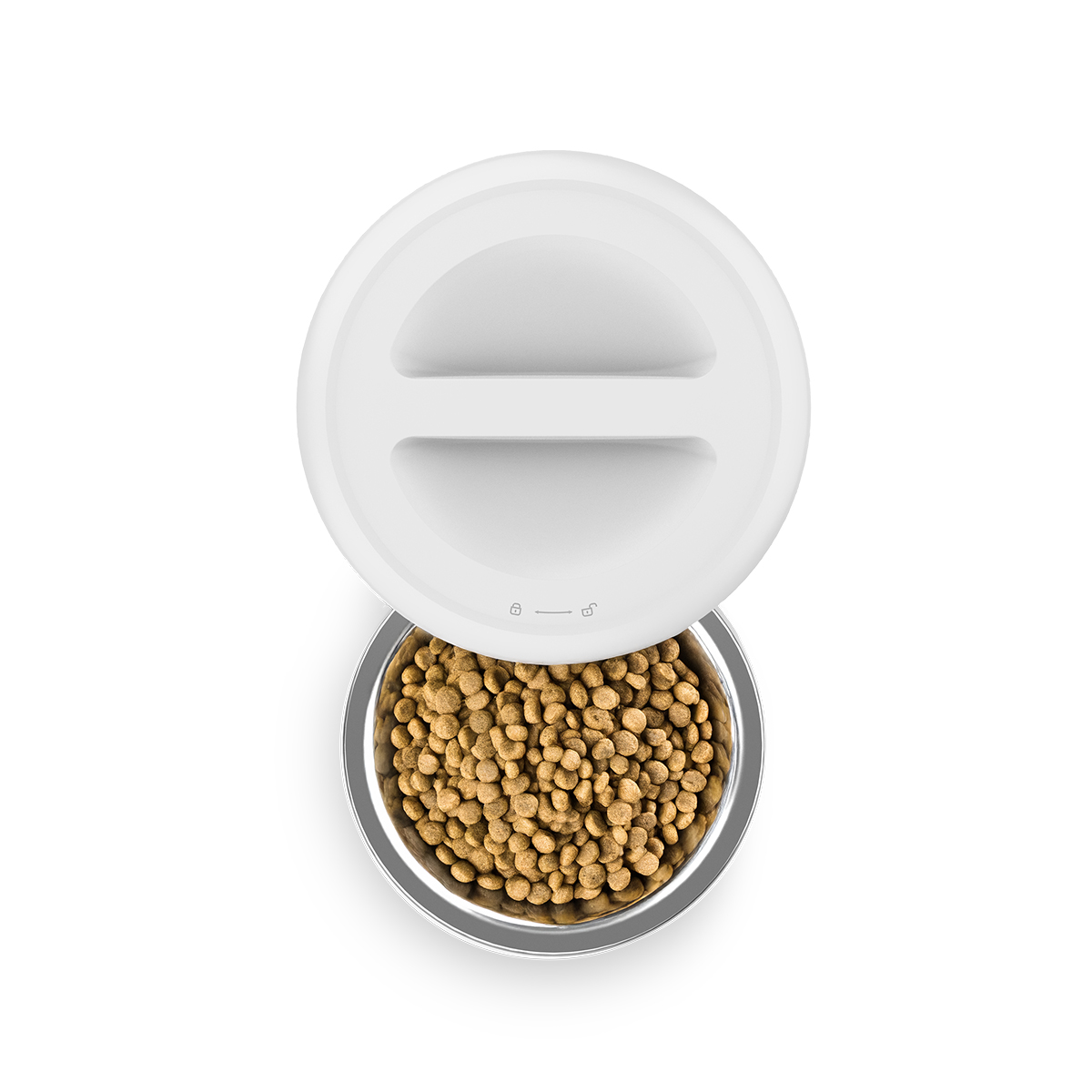 Widok z góry na biały karmnik dla zwierząt z miską wypełnioną karmą dla zwierząt.