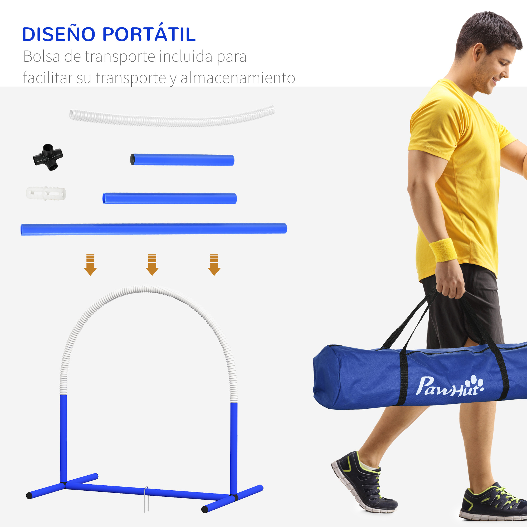 Un hombre lleva una bolsa azul y equipo de agilidad. El equipo es azul y blanco.