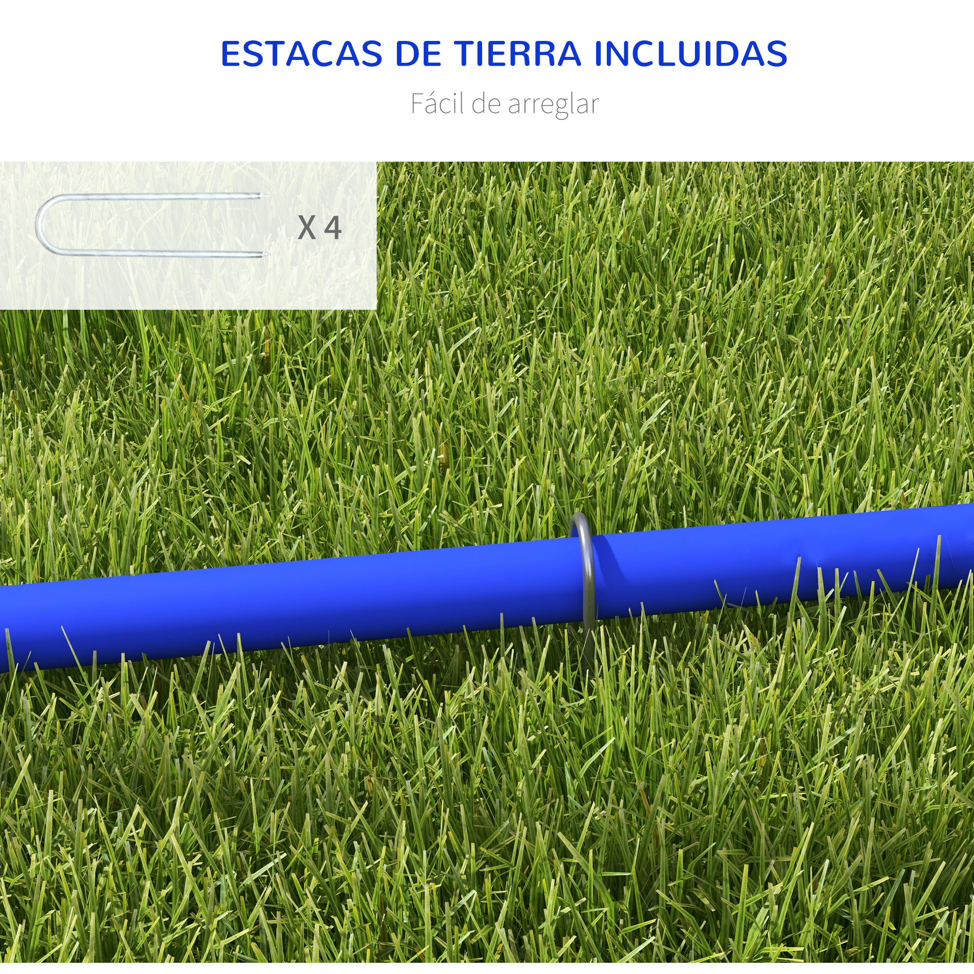 Primer plano de estacas de tierra que aseguran un tubo azul sobre hierba verde, con el texto "ESTACAS DE TIERRA INCLUIDAS".