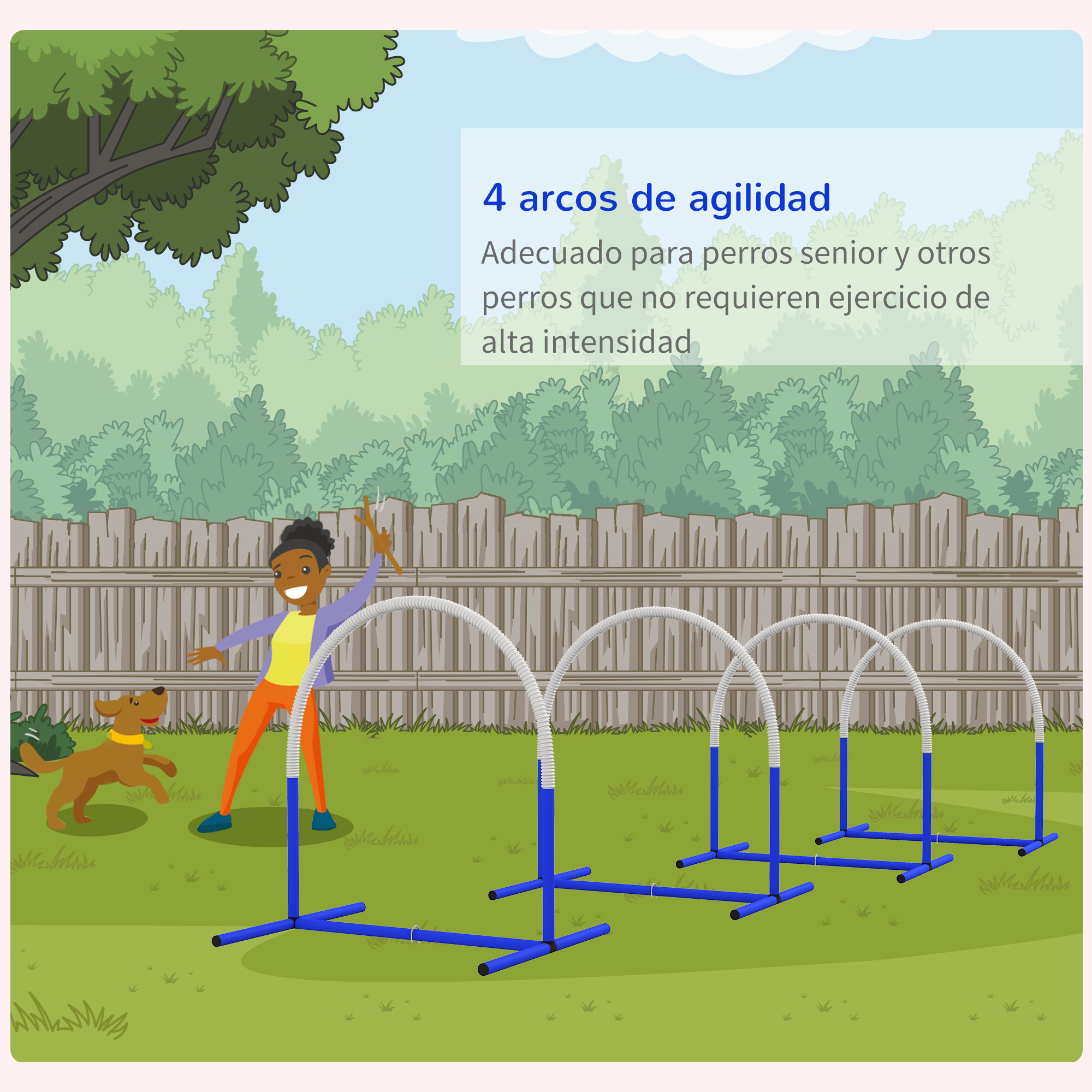 Una ilustración de una mujer con un perro en un jardín con un circuito de agilidad. El texto describe el circuito.