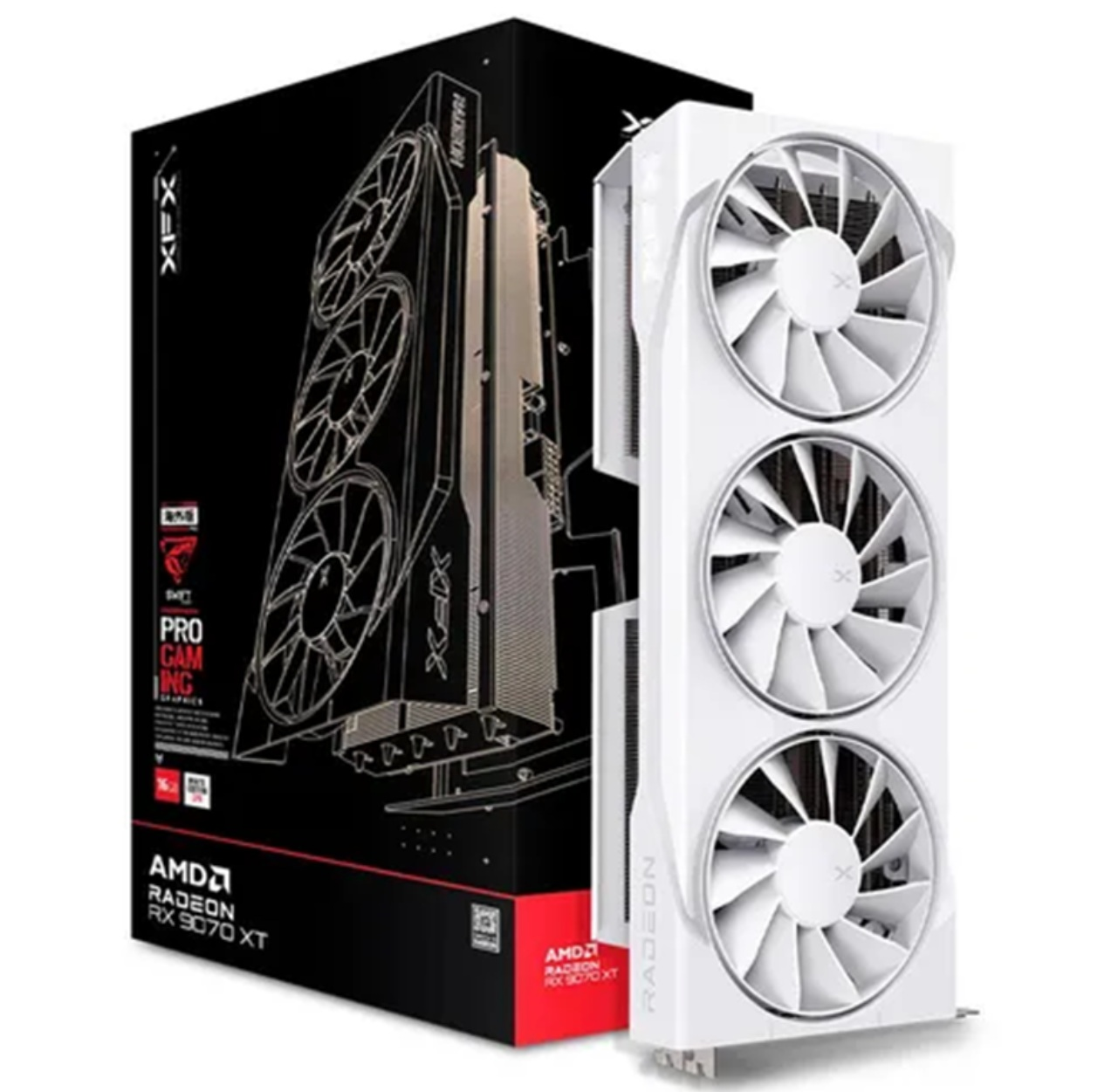 Biało-czarna karta graficzna z trzema wentylatorami, w czarnym pudełku z czerwonym i białym tekstem.