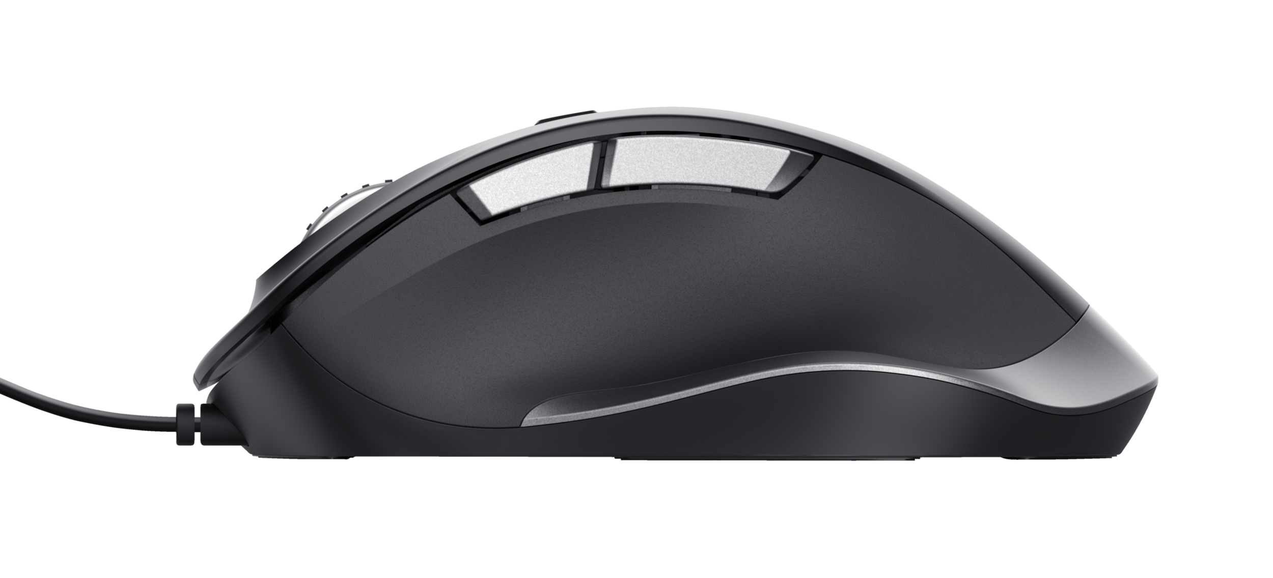 Eine schwarze Gaming-Maus von der Seite betrachtet.