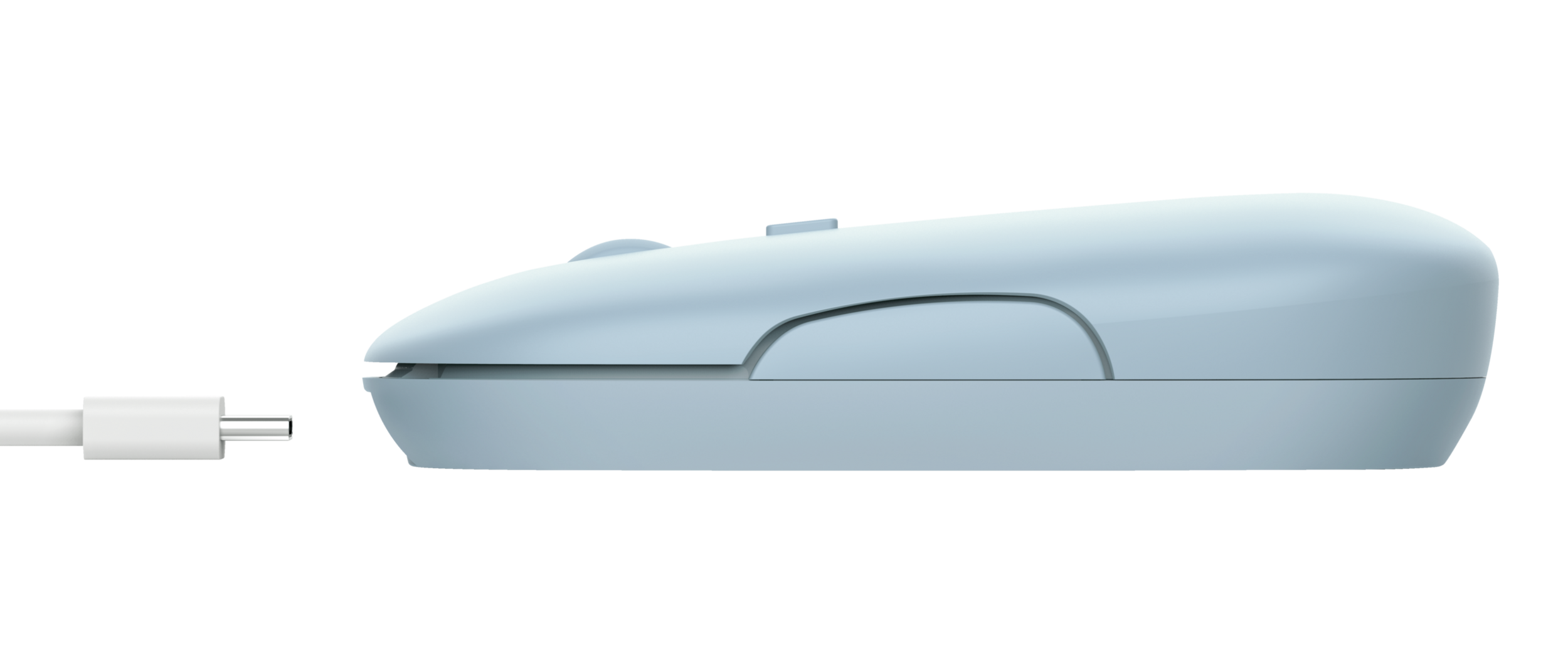 Widok z boku niebieskiej myszy z podłączonym kablem ładującym, na czarnym tle.