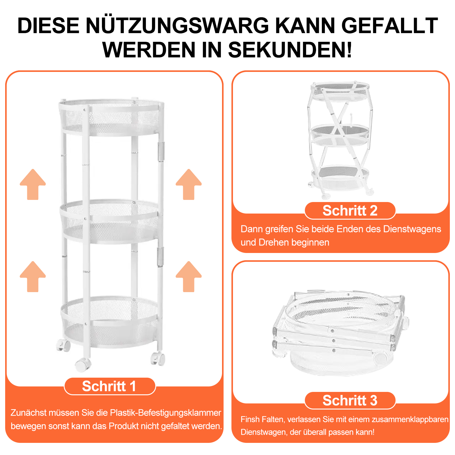 Diagramm, das zeigt, wie man einen weißen, dreistöckigen Aufbewahrungswagen faltet. Text auf Deutsch.