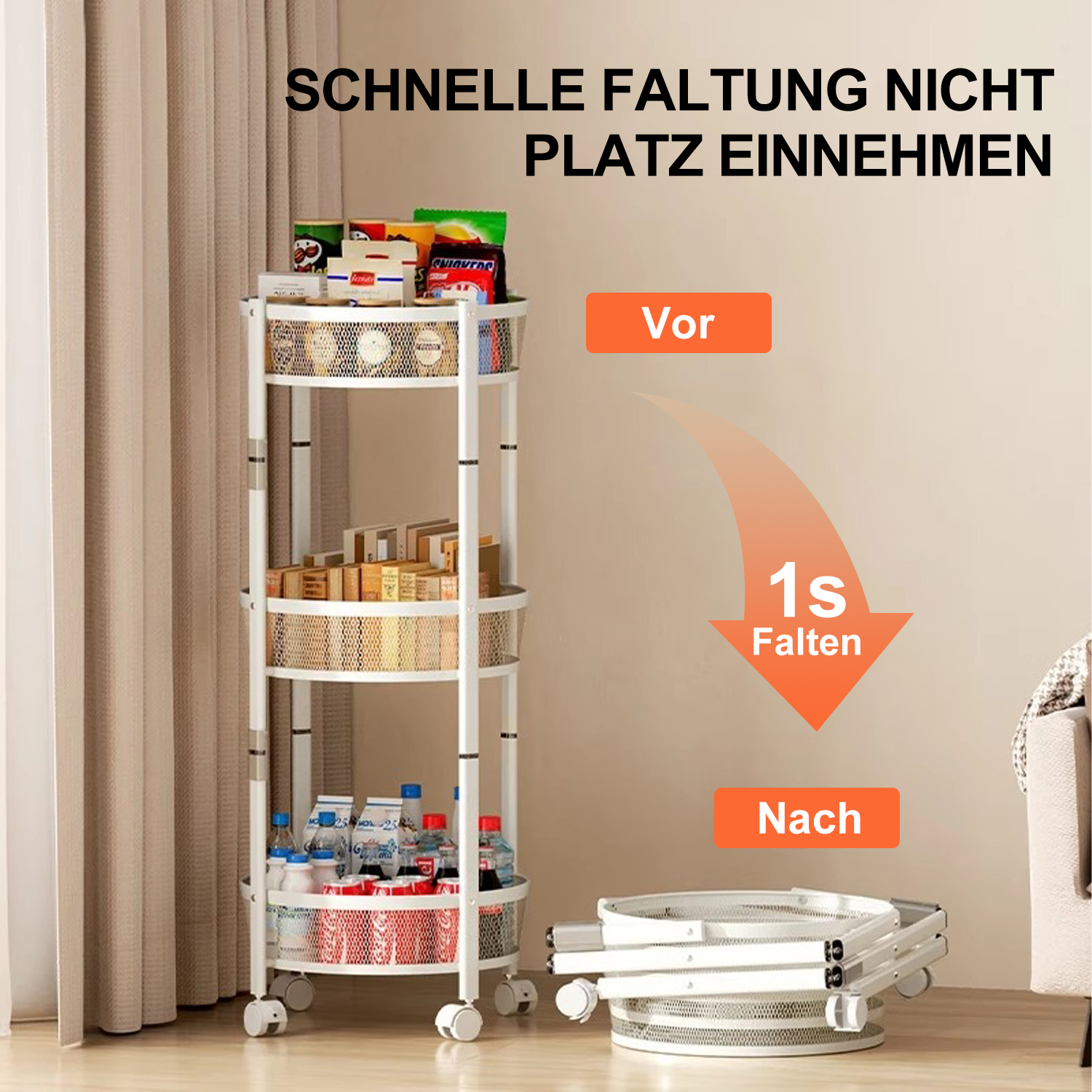 Der weiße, dreistöckige Rollwagen vor und nach dem Zusammenklappen. Er enthält Snacks und Getränke.