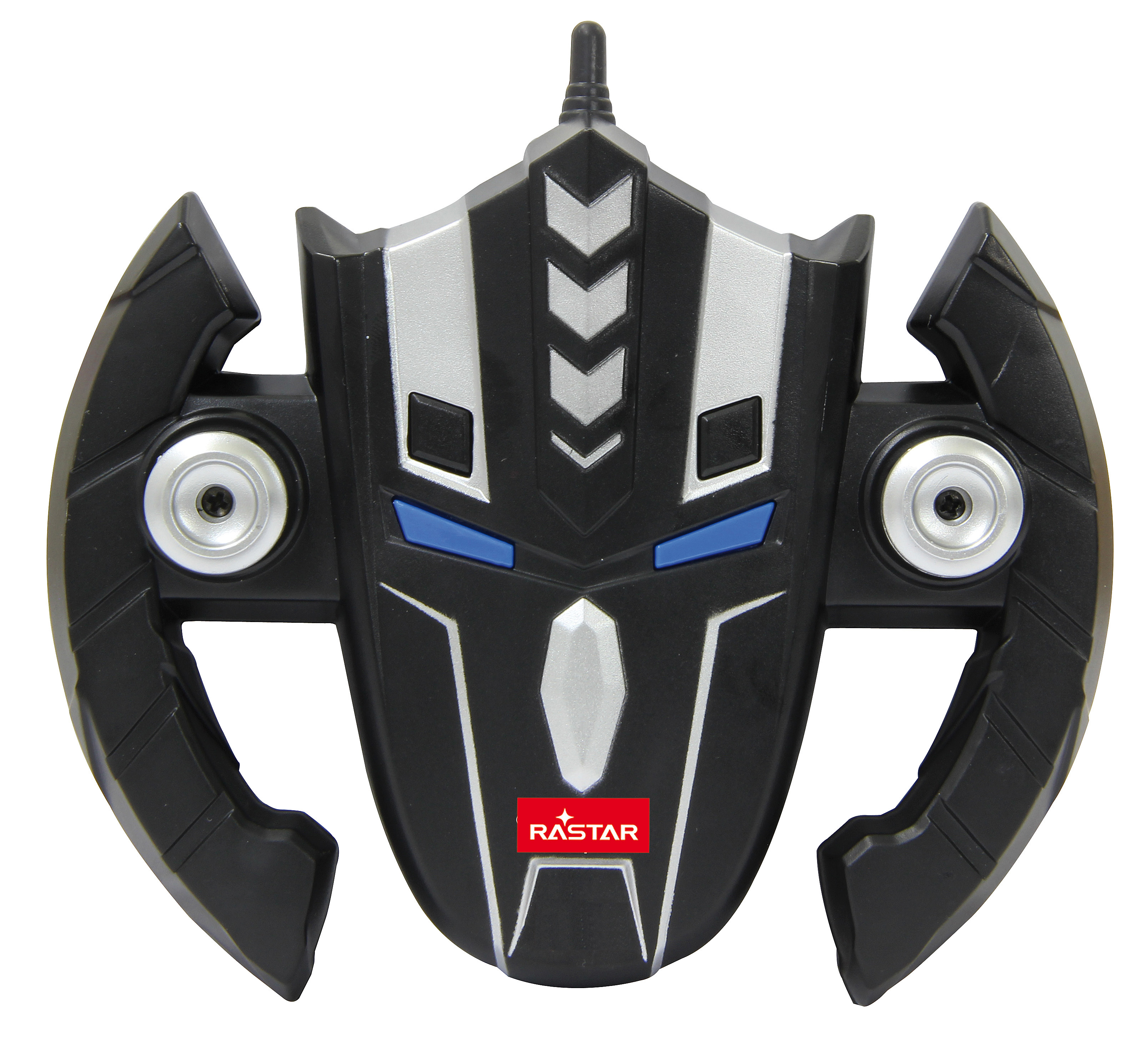 Spielzeugfernbedienung mit Gesichtsdesign, schwarz, silber und blau. Das Rastar-Logo ist sichtbar.