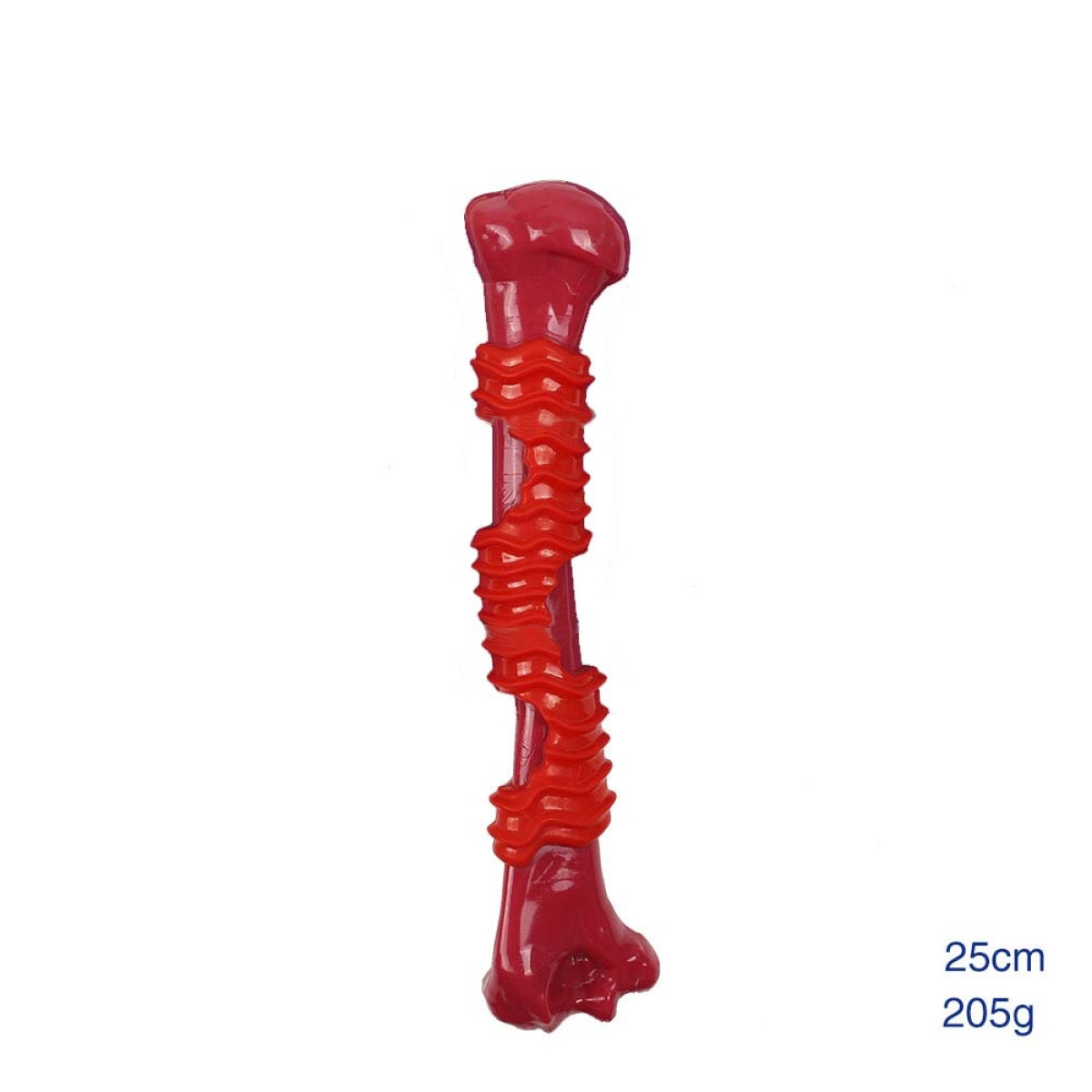 Red dog bone toy with red spiraling ridges. It is on a white background.