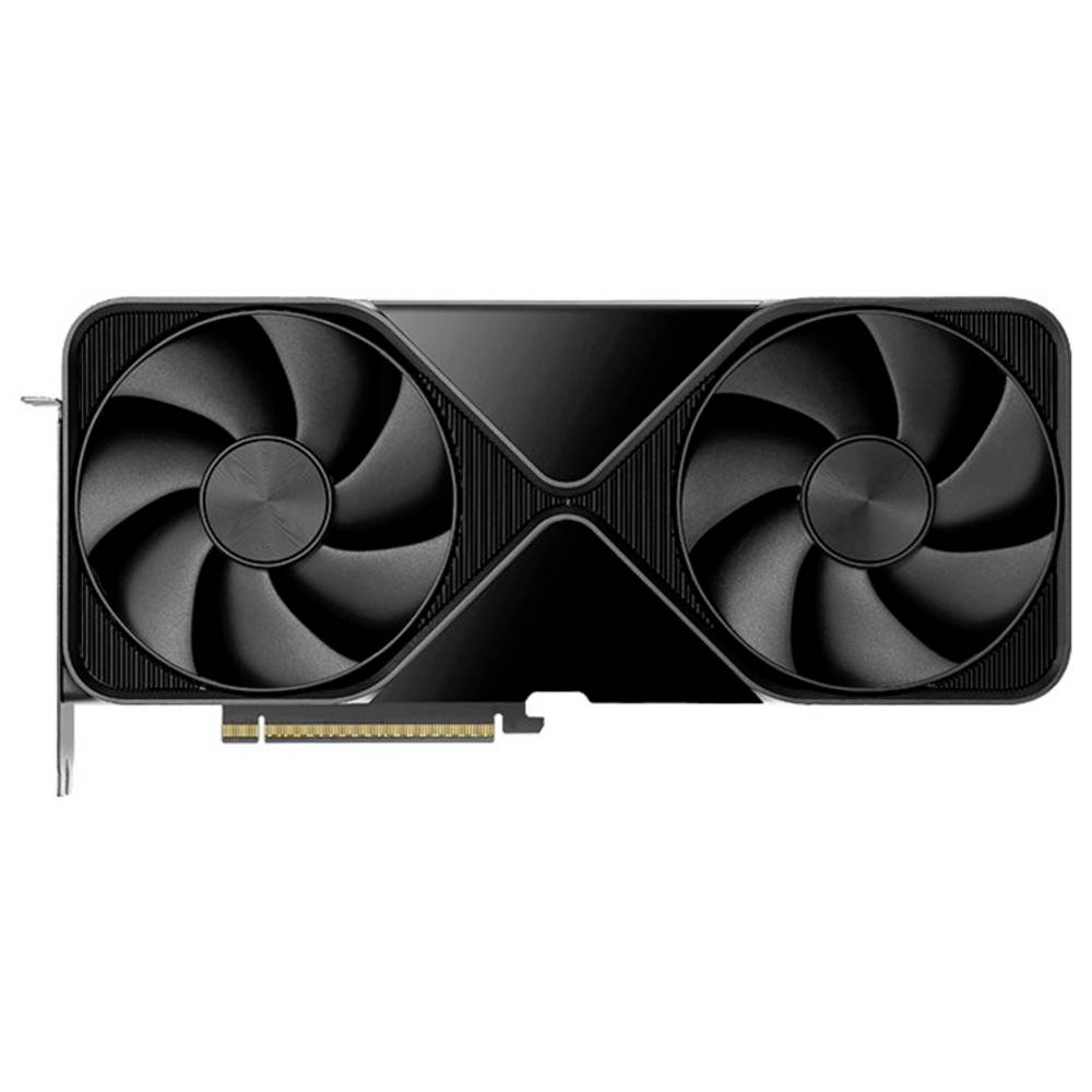 Una scheda grafica nera con due grandi ventole. Ha un design elegante con prese d'aria e un connettore per il computer.