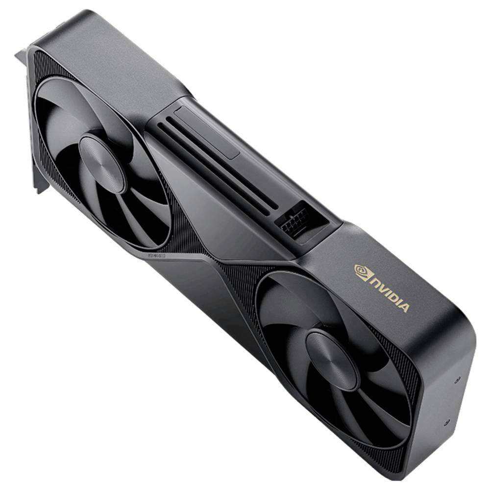 Scheda grafica nera con due ventole e il logo Nvidia. Sfondo bianco.