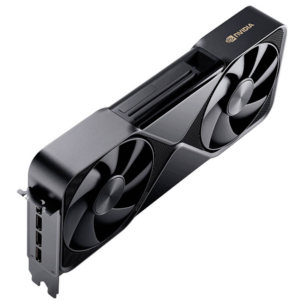 Scheda grafica nera con due ventole. Logo Nvidia in alto. Sfondo bianco.