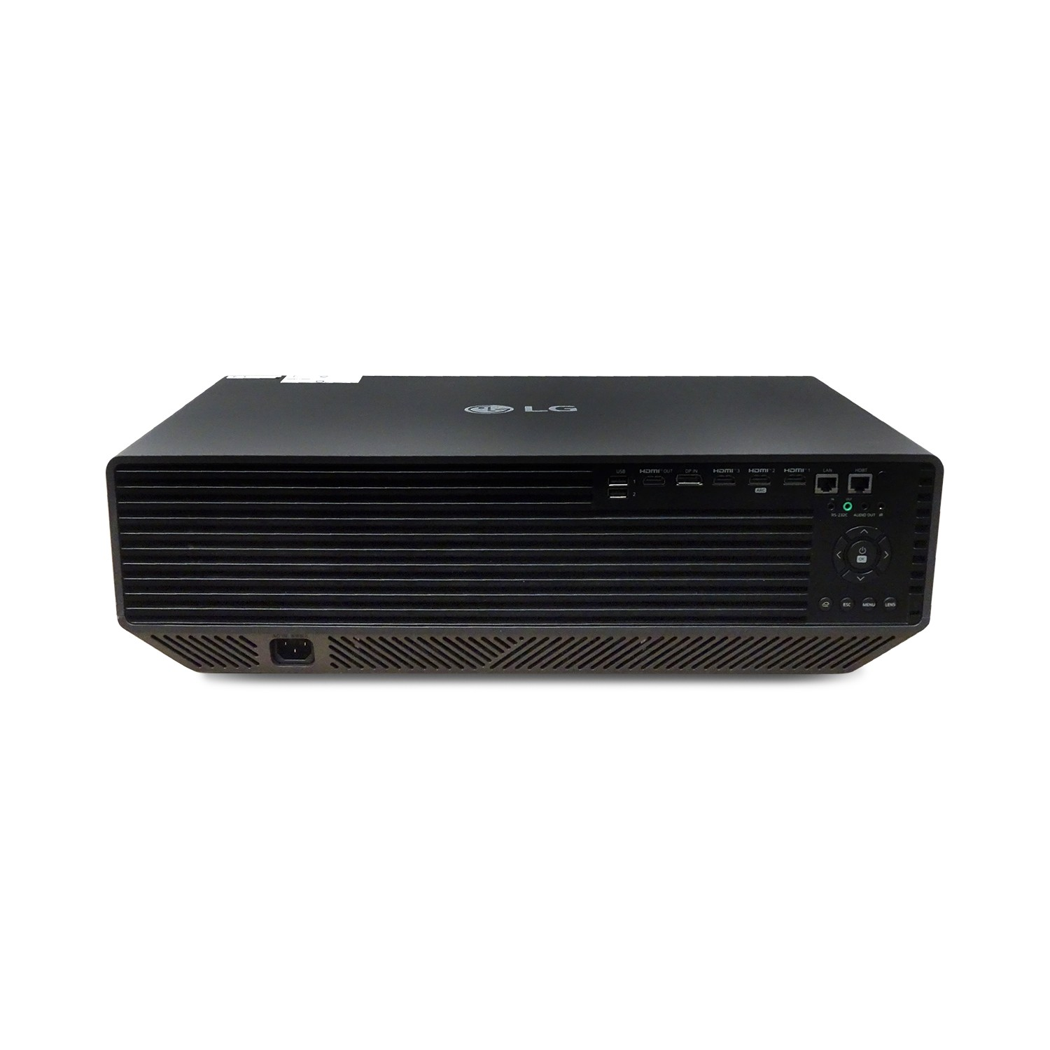 Czarny projektor z logo LG na białym tle. Widoczny tył.