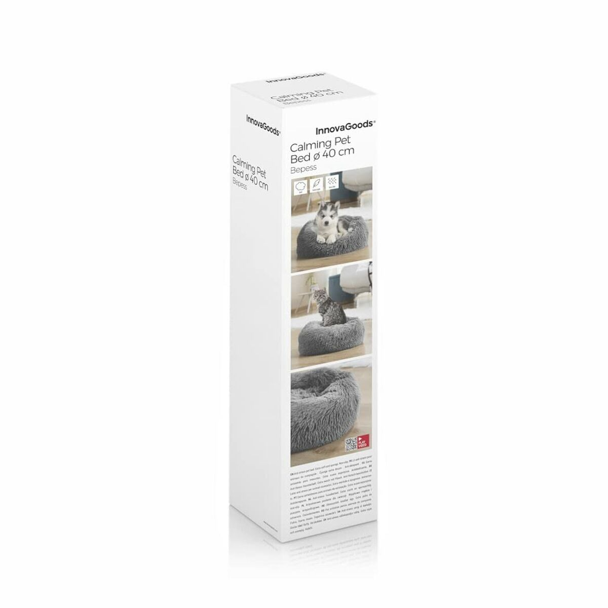 Una scatola con immagini di un letto grigio per animali domestici. Il marchio è InnovaGoods. Il letto è rotondo.