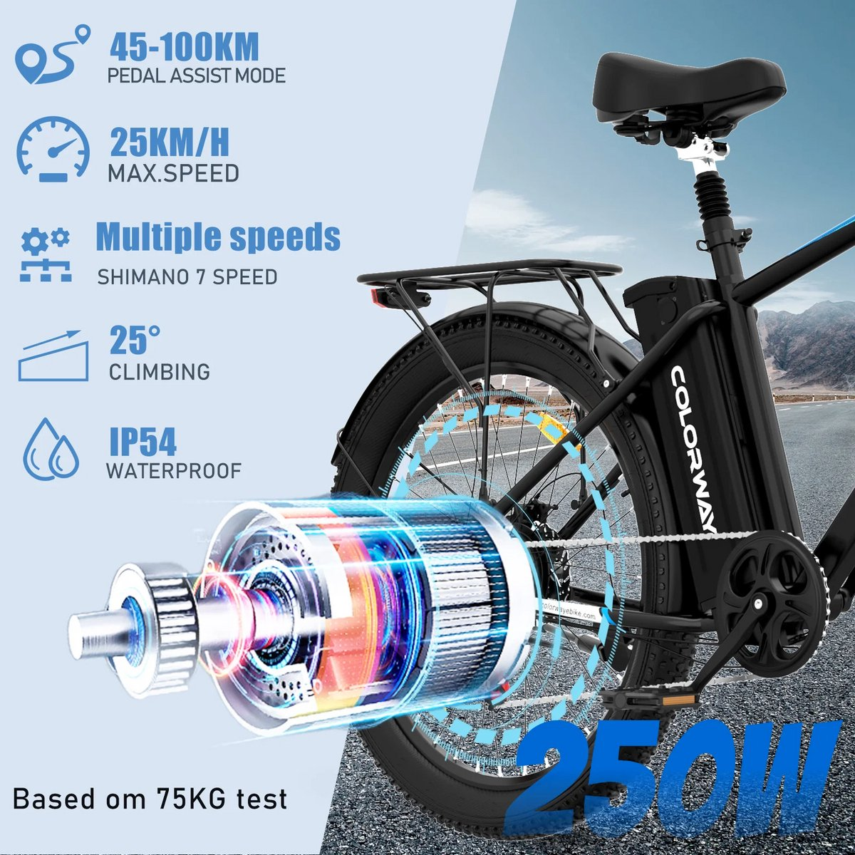 E-bike with specifications: 45-100KM pedal assist, 25KM/H max speed, multiple speeds, 25° climbing, IP54 waterproof.