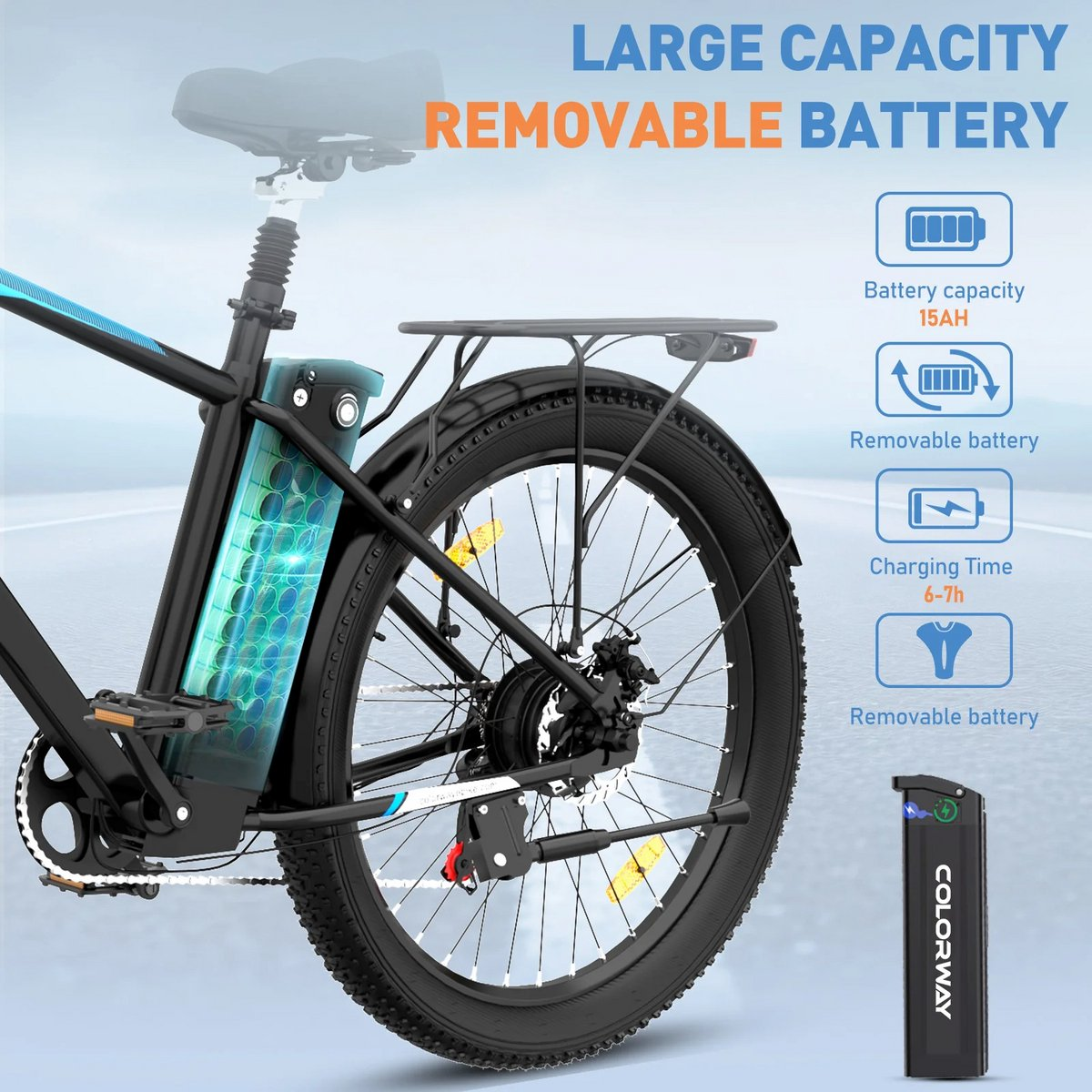 E-bike with a large capacity, removable battery, and a charging time of 6-7h. Battery capacity is 15AH.
