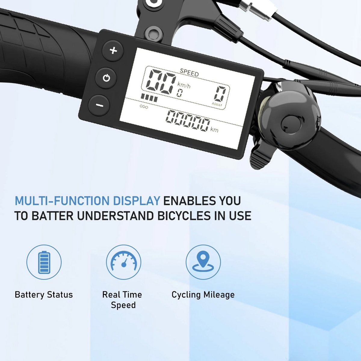 The bicycle dashboard shows speed, distance, and battery status. There are icons for each feature.