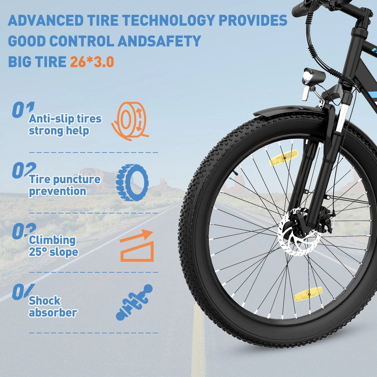 A mountain bike wheel with tire. The wheel has a disc brake and reflectors. The background is a road.
