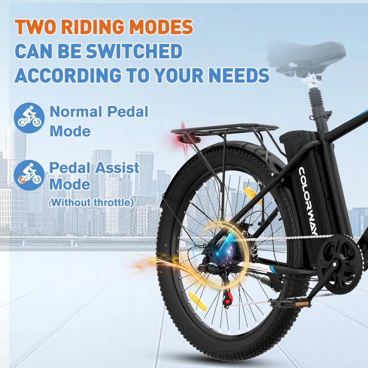 E-bike with two riding modes: Normal Pedal Mode and Pedal Assist Mode. The bike is black with blue accents.