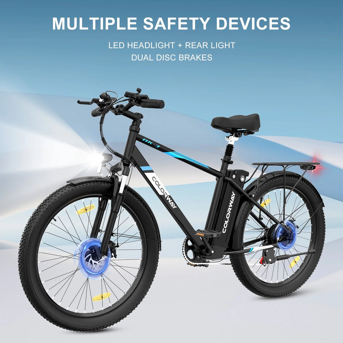Black e-bike with LED headlight, rear light, and dual disc brakes. It has a black frame and blue accents.