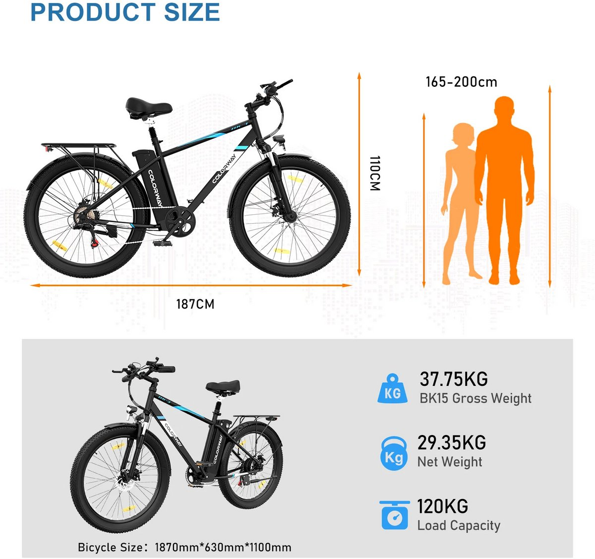 E-bike product size details: 187cm length, 110cm height. Also shows gross weight, net weight, and load capacity.