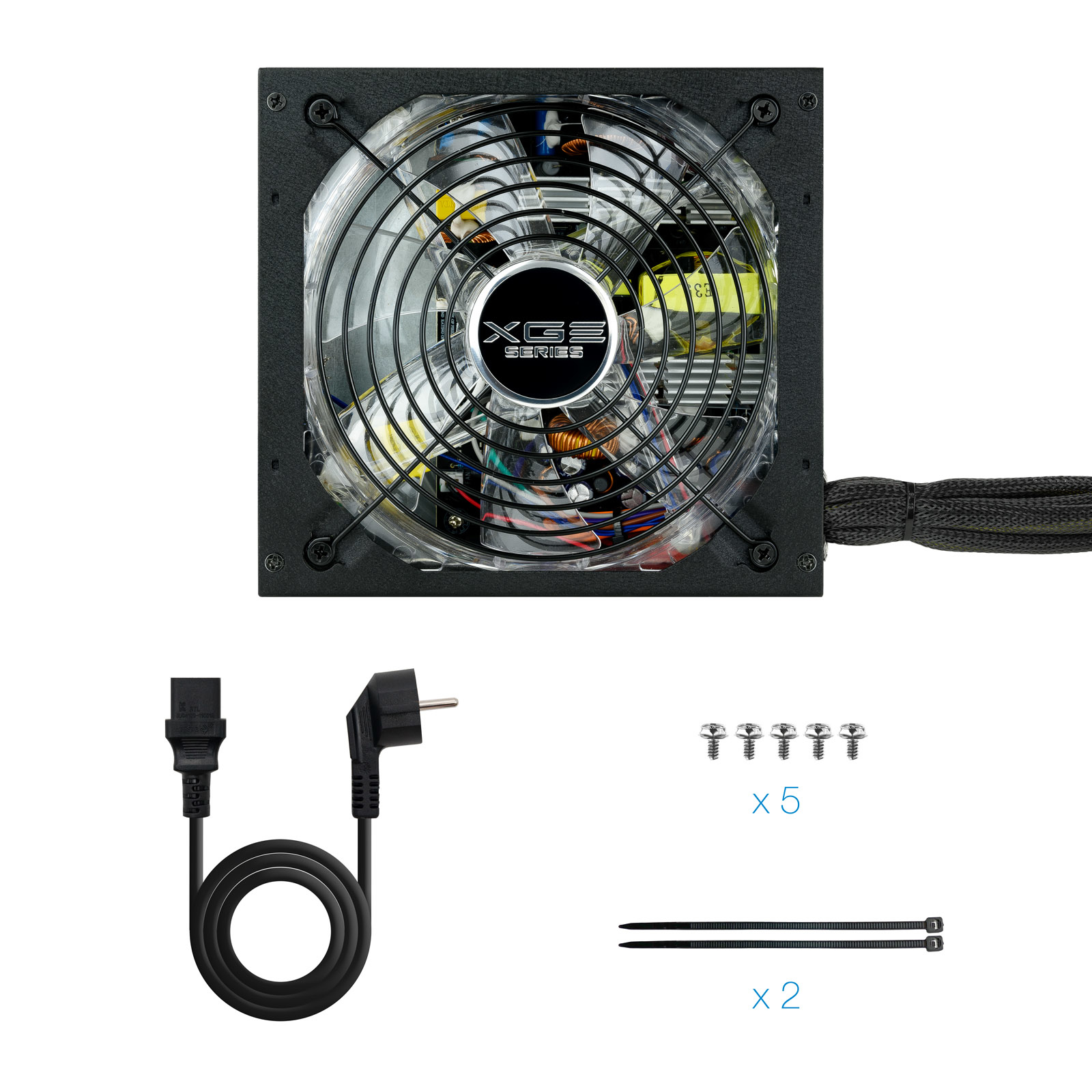 Obraz przedstawia zasilacz komputerowy, kable, śruby i opaski zaciskowe na białym tle.