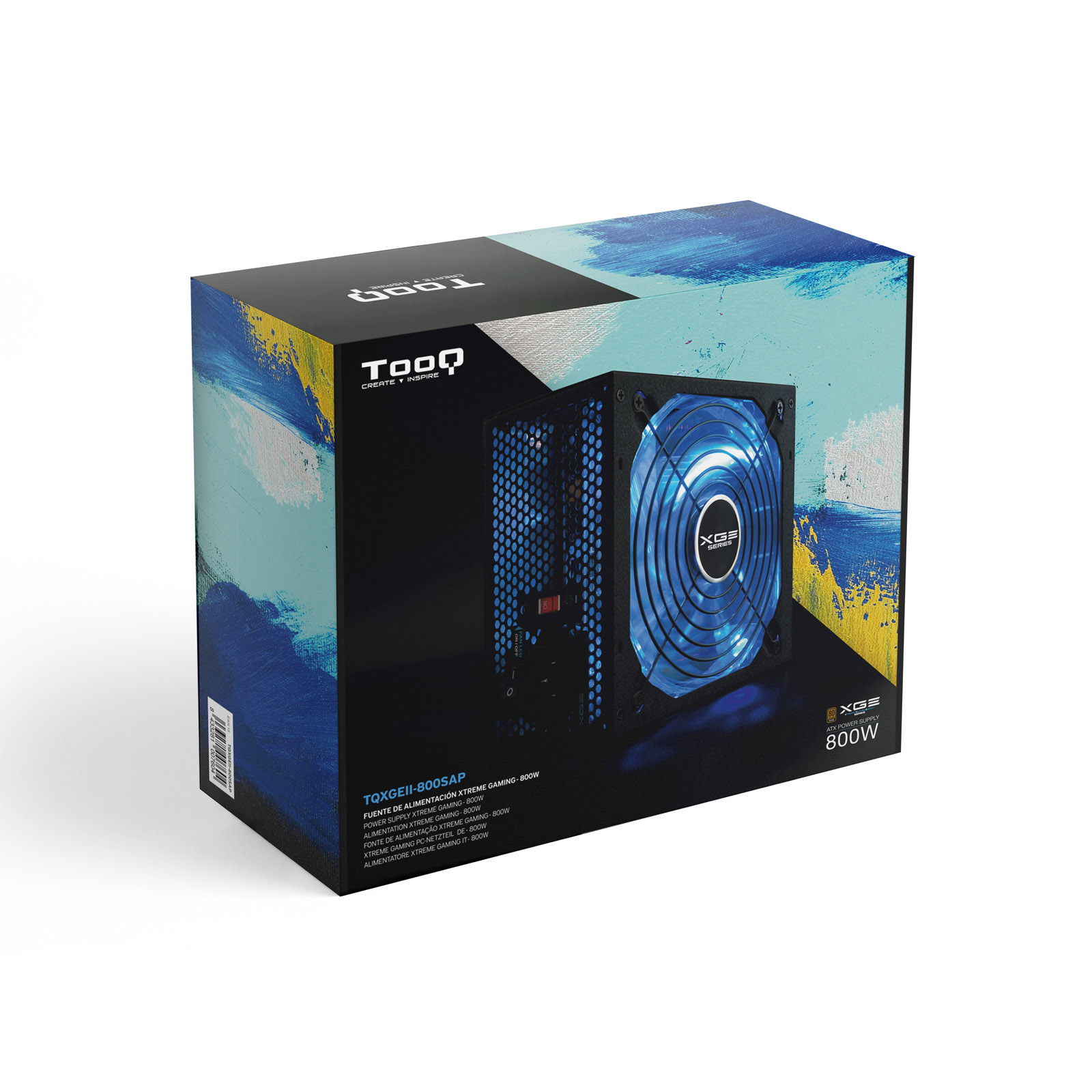 Een voeding voor een gaming-pc met een blauwe ventilator staat op de doos tegen een blauwe en zwarte achtergrond.