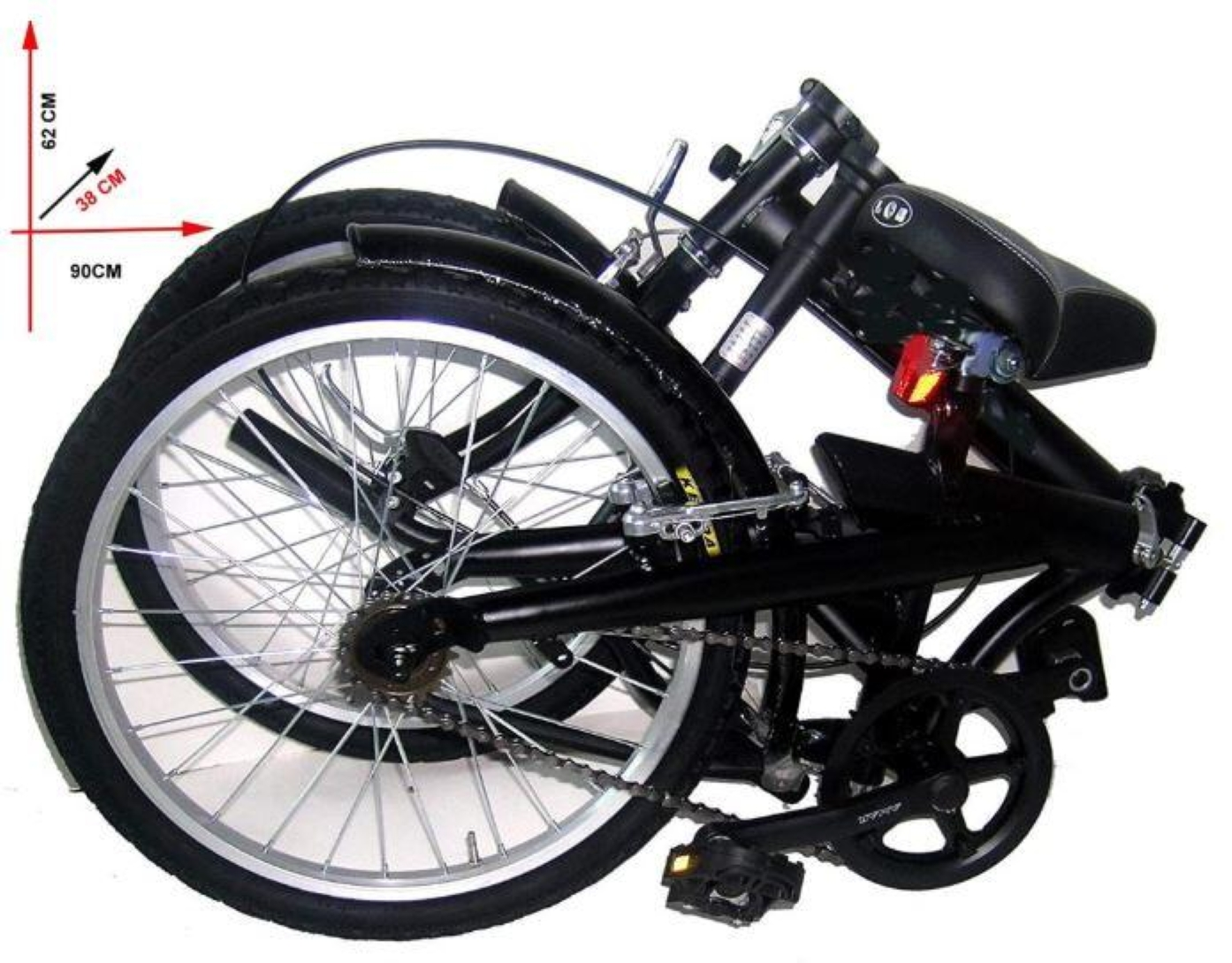 Bicicletta nera piegata con dimensioni: 90 cm lunga, 62 cm alta, 38 cm larga.