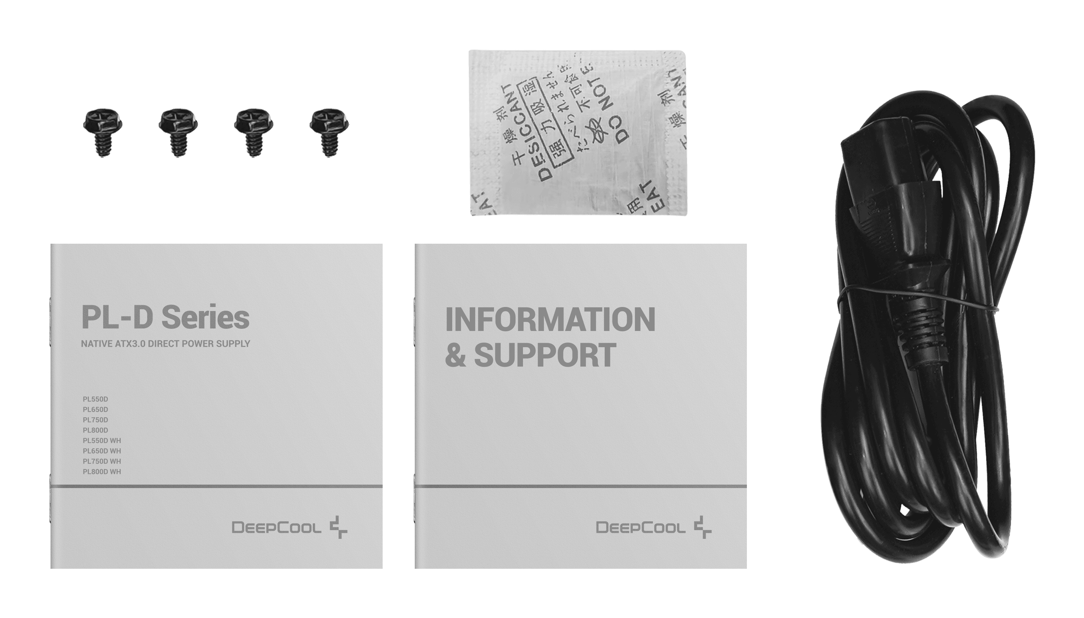 Akcesoria do zasilacza: śruby, saszetka z osuszaczem, papiery i kabel zasilający.