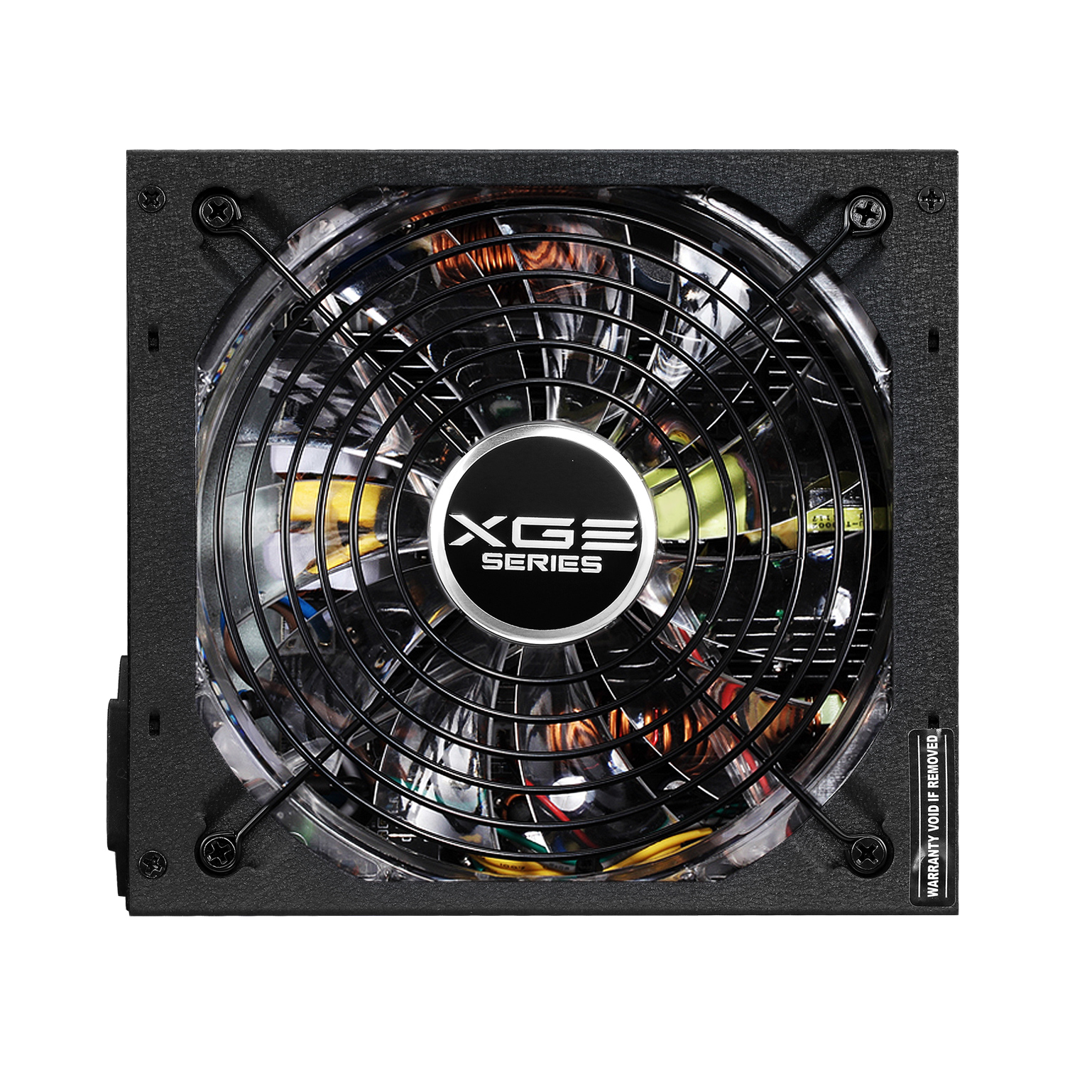 Een voeding met een zichtbare ventilator. De ventilator heeft een metalen rooster.