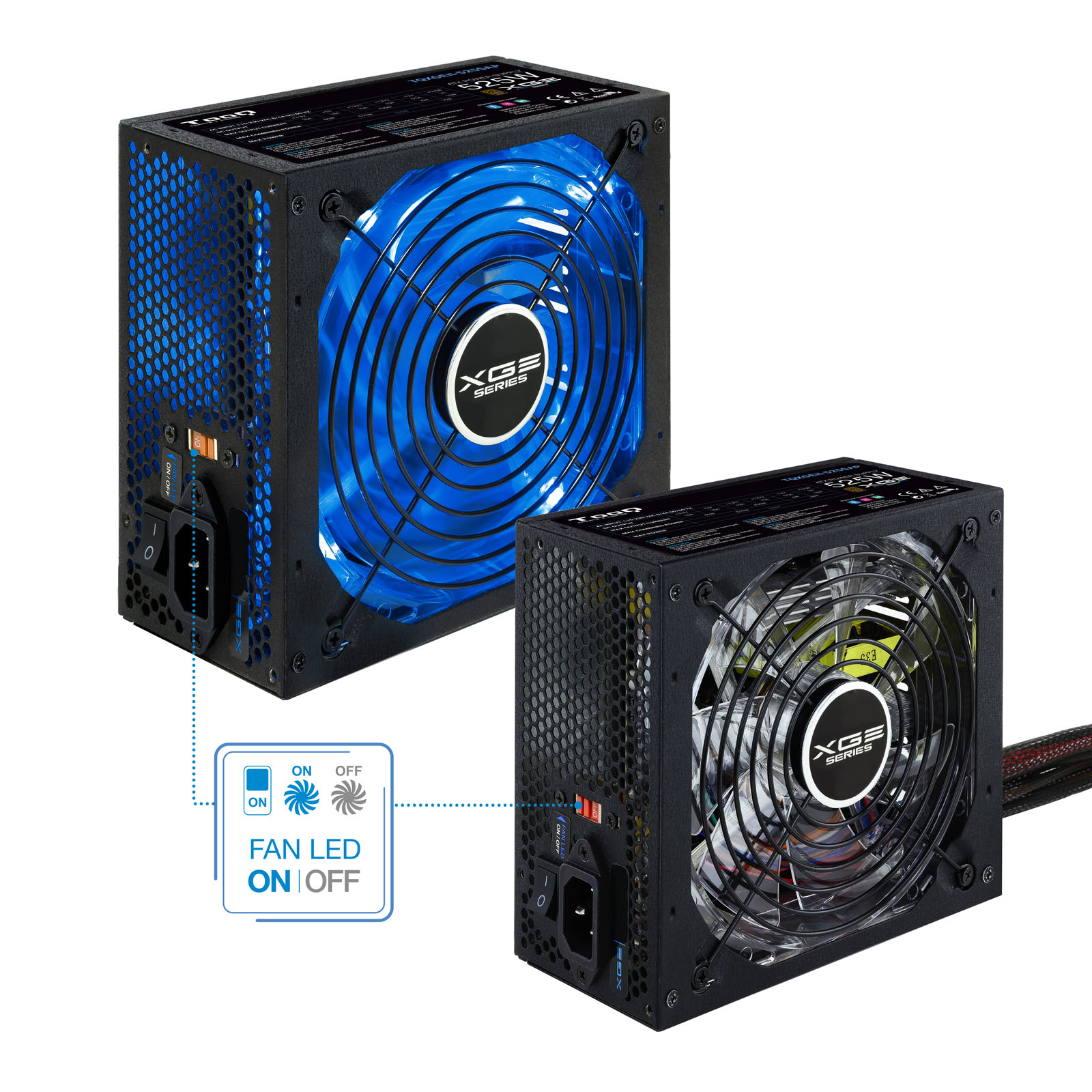 Twee ATX-voedingen. Eén heeft een blauwe ventilator en de andere een zwarte ventilator. Er is een aan/uit schakelaar.