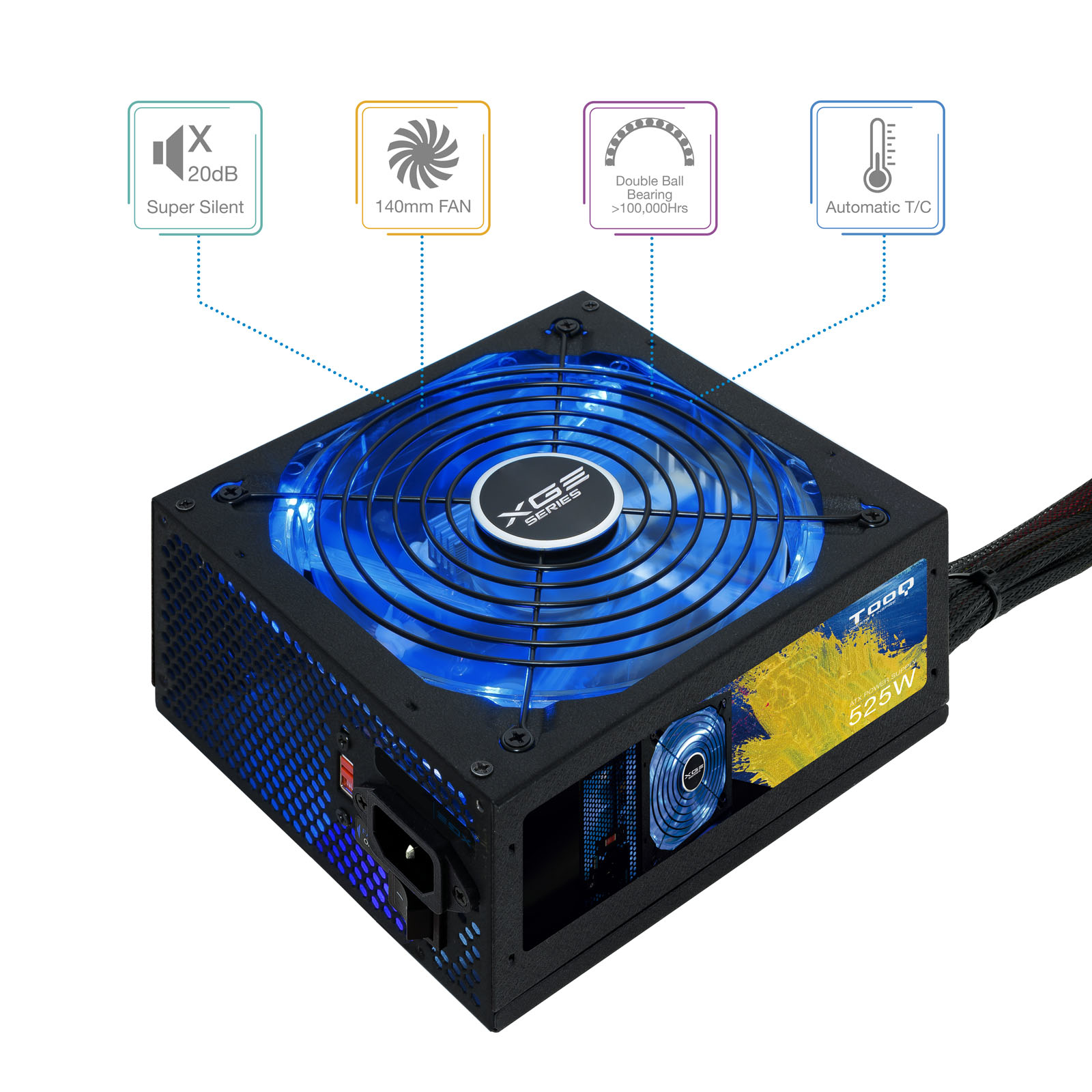 Een voeding met blauwe lichten. De ventilator staat in het midden.