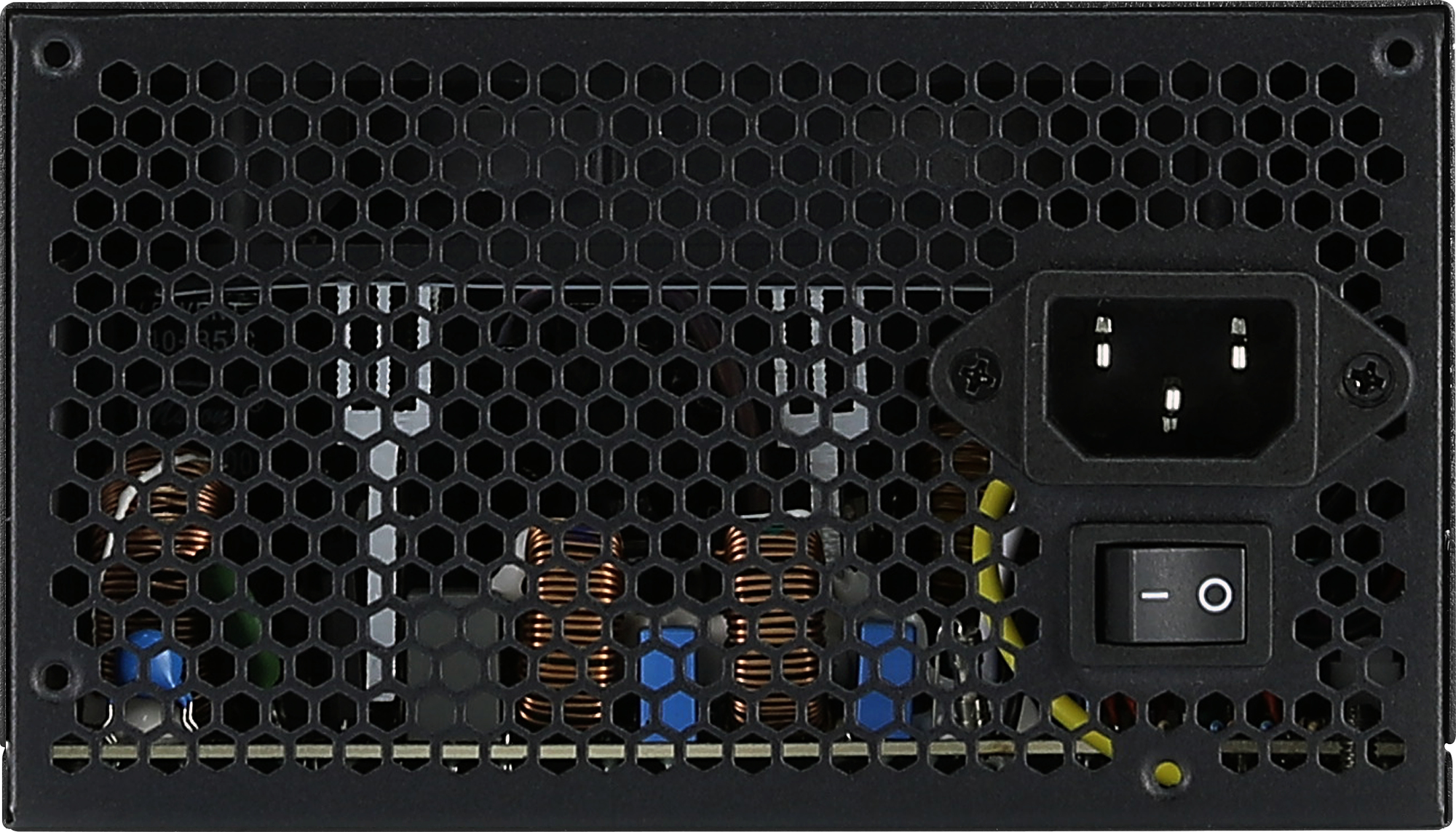 Black PSU back with a power inlet, switch, and honeycomb ventilation grid.