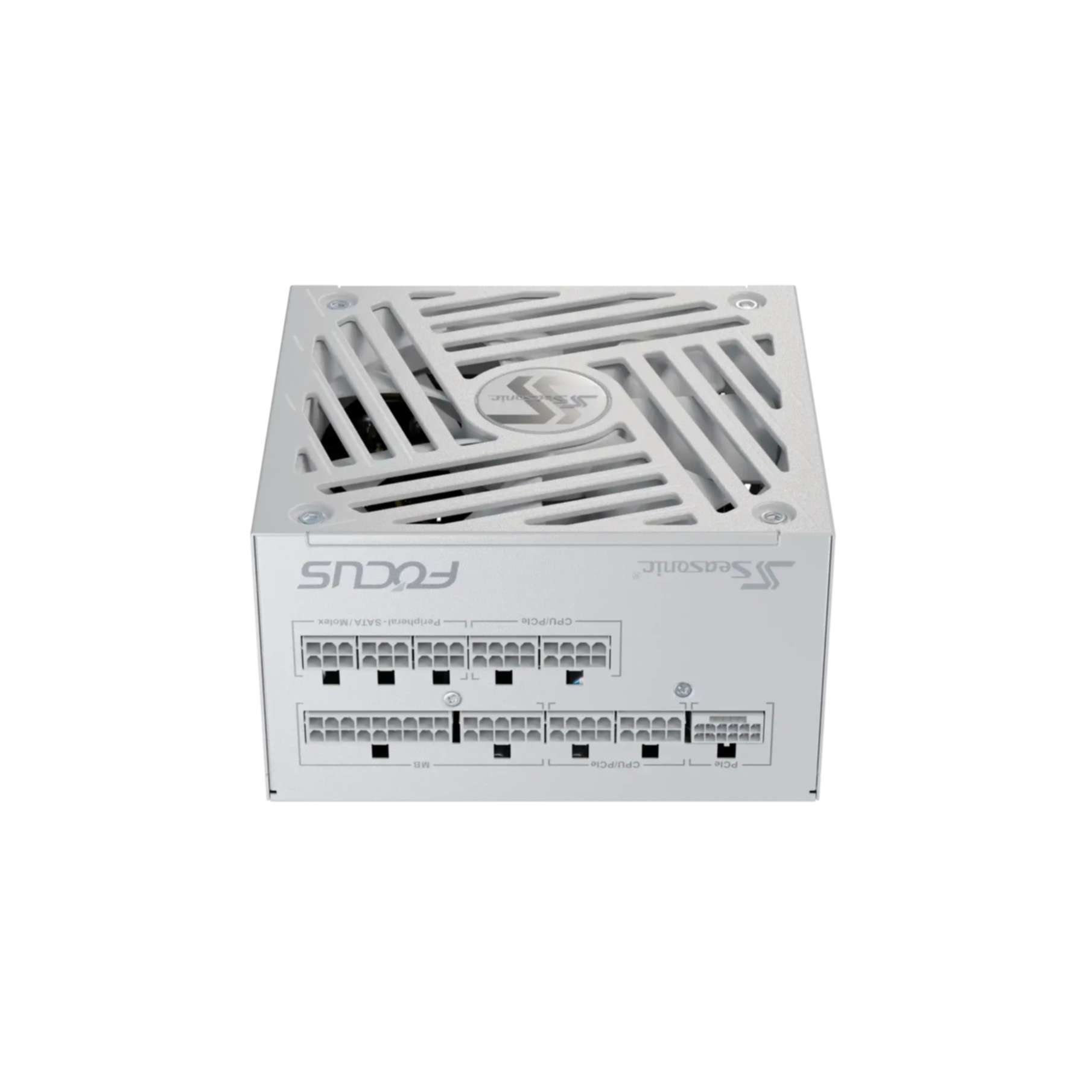 Witte Seasonic Focus PSU, bovenaanzicht, met rooster en logo. Poorten onderaan.