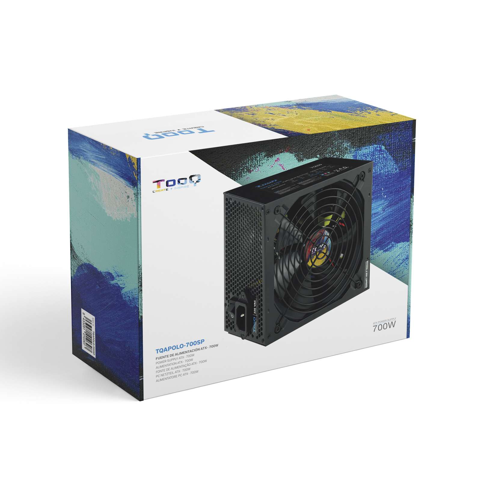 PSU-doos met een zwarte PSU-afbeelding, met een zichtbare ventilator en een witte achtergrond.