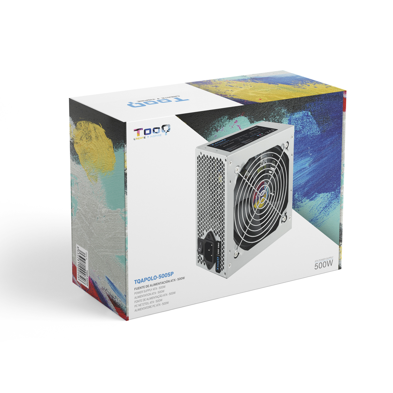 PSU-doos met een witte PSU-afbeelding, met een zichtbare ventilator en een witte achtergrond.