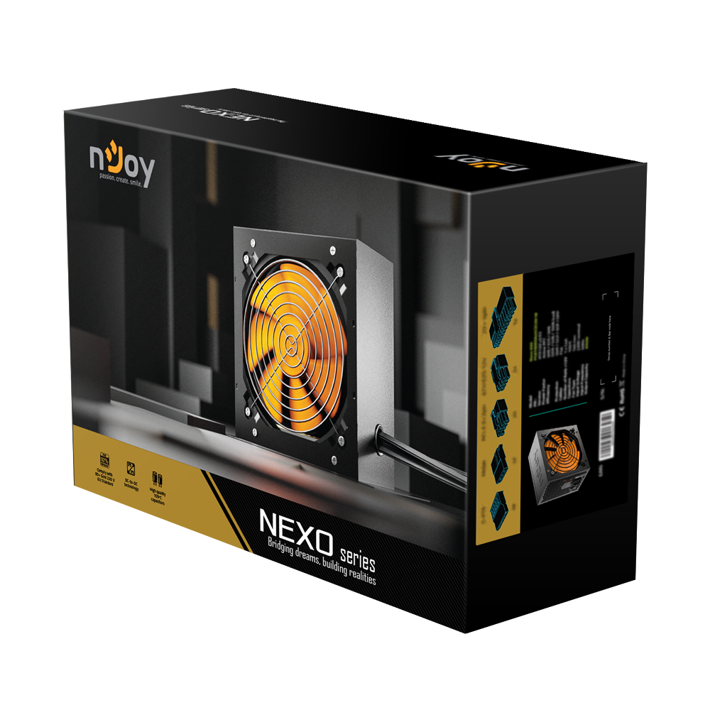 Un alimentatore nero con ventola arancione e una scatola con 'njoy' e 'NEXO series'.