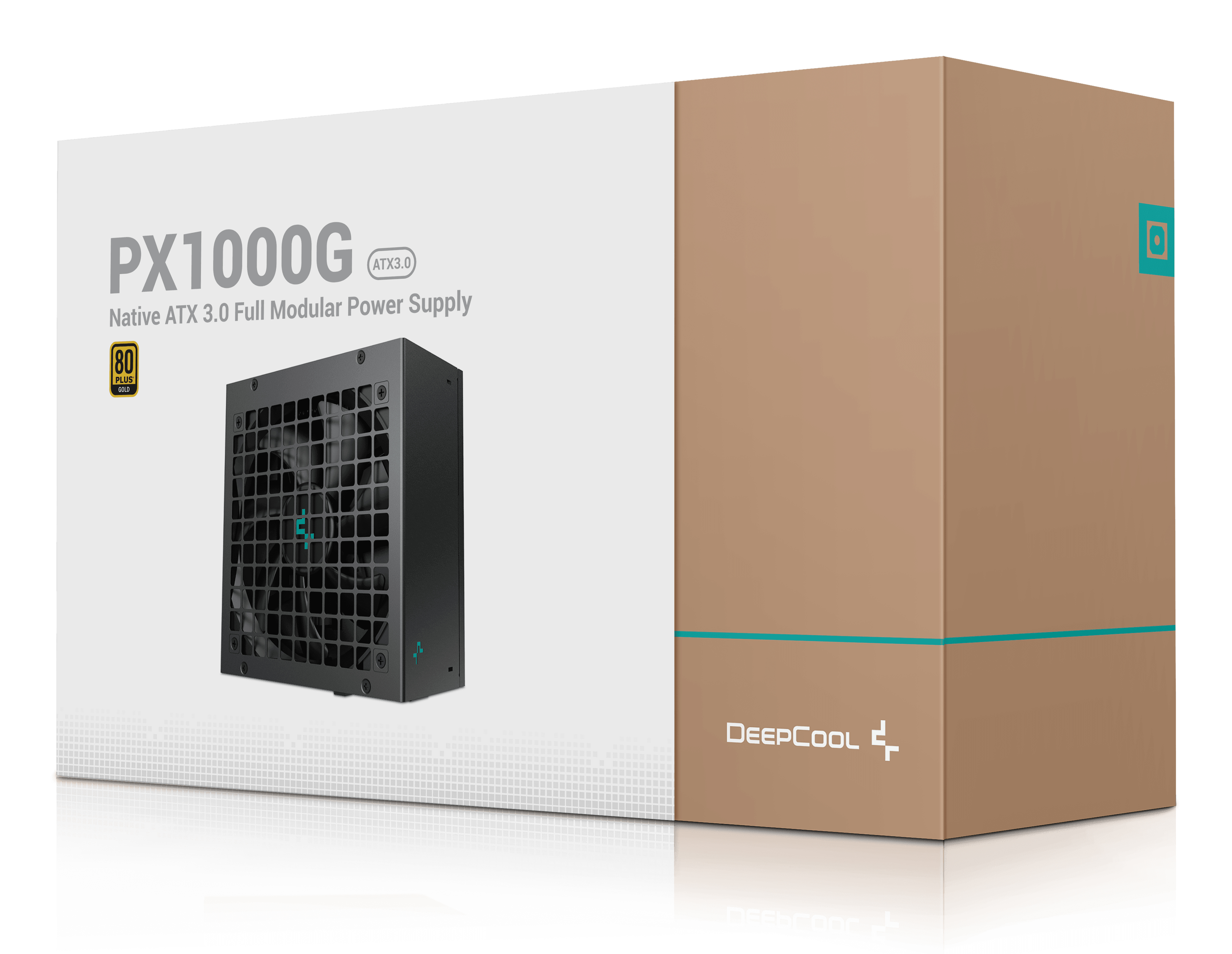 Una scatola con un alimentatore, etichettata 'PX1000G' e con il marchio 'DeepCool'.