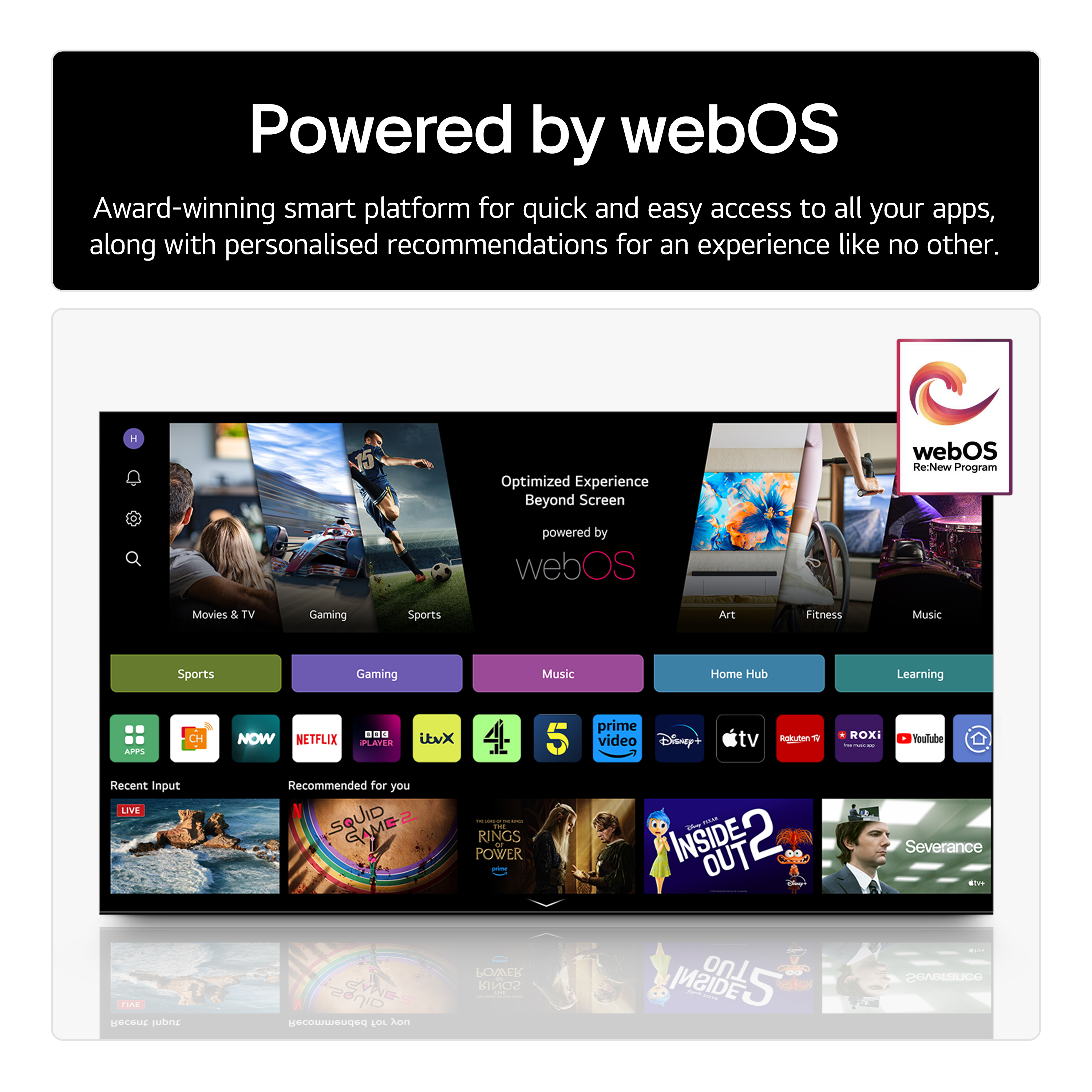 Uno schermo TV che mostra un menu con icone di app e varie opzioni di programma, con il marchio webOS.