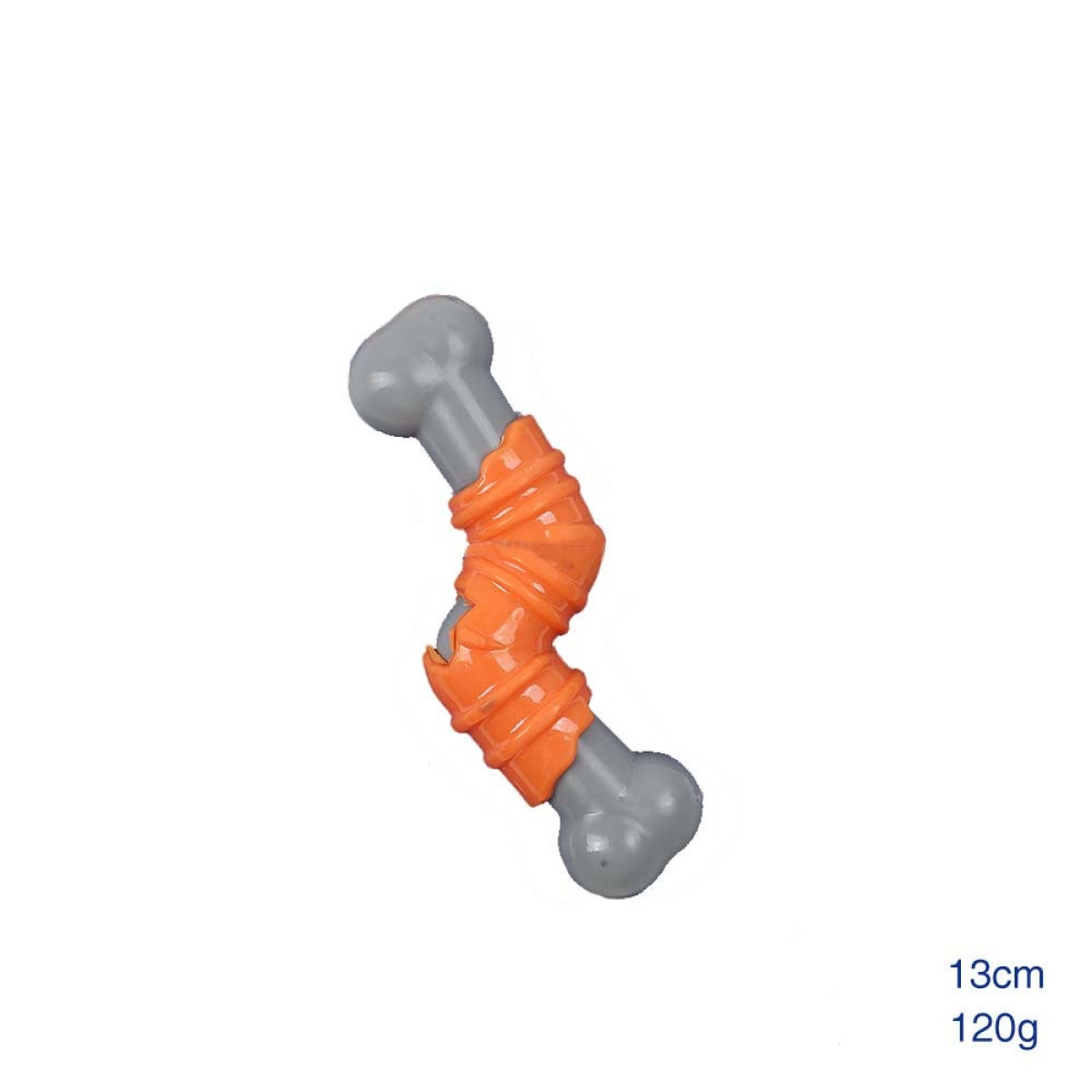 A grey bone-shaped dog toy wrapped with orange, wavy, rubbery material, standing upright on a white surface.