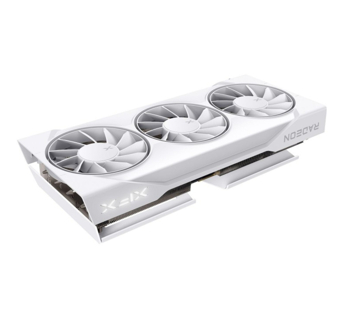 Biała karta graficzna z trzema wentylatorami, z boku widoczne słowo 'RADEON'.