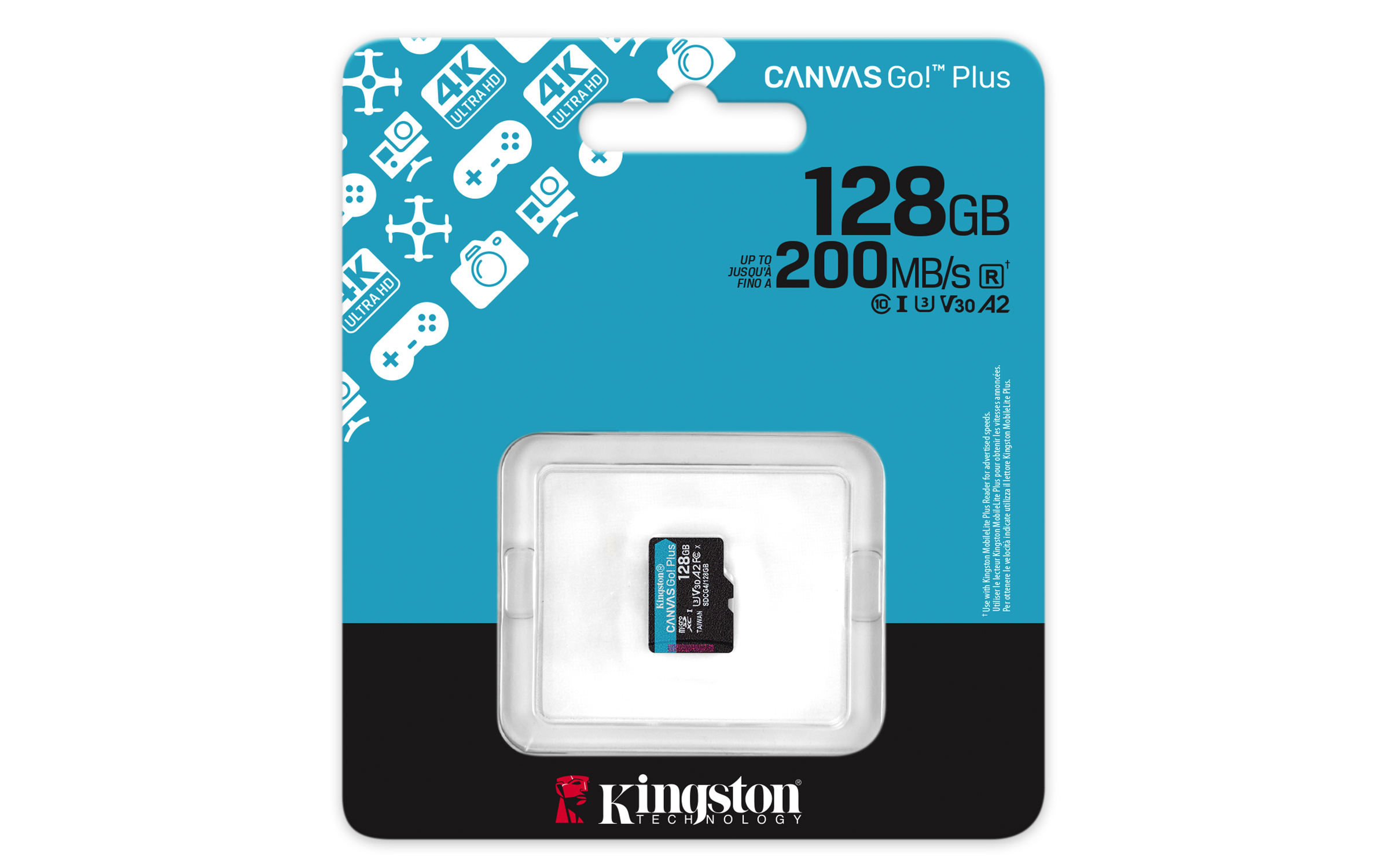 Eine Kingston Canvas Go! Plus 128GB microSD-Karte in ihrer Verpackung. Es hat ein 4K Ultra HD-Logo.